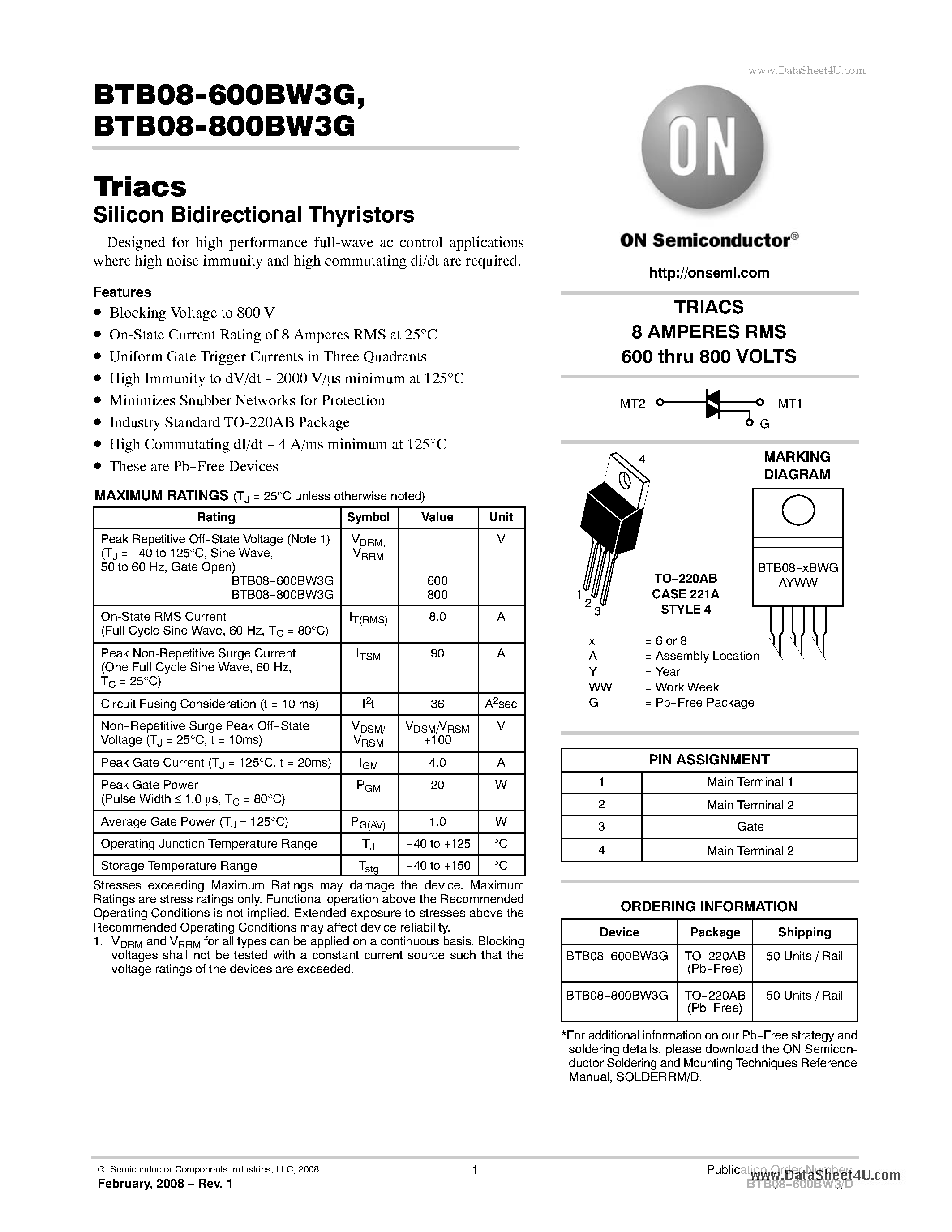 Datasheet BTB08-600BW3G - Triacs Silicon Bidirectional Thyristors page 1