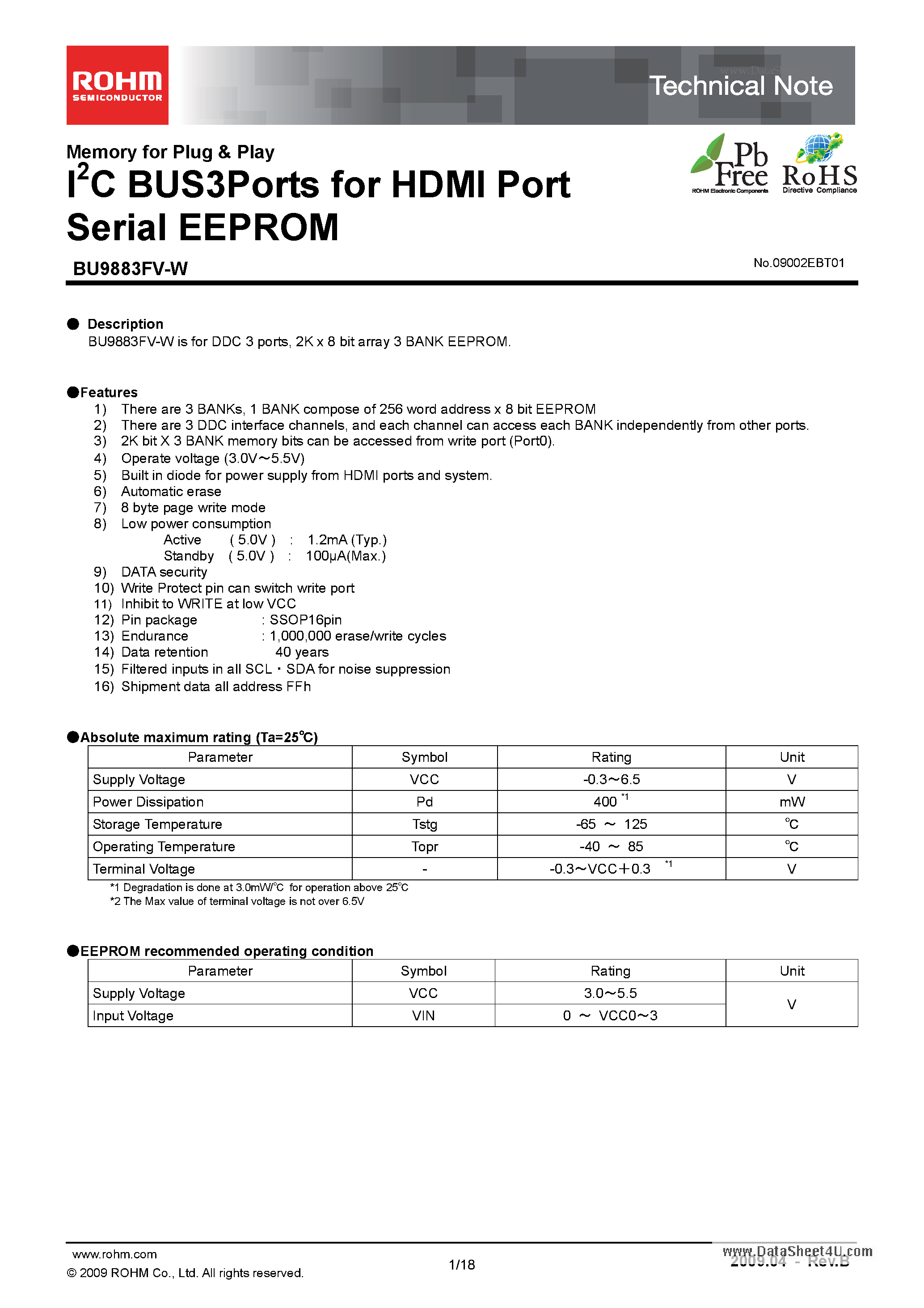 Datasheet BU9883FV-W - I2C BUS3Ports for HDMI Port Serial EEPROM page 1