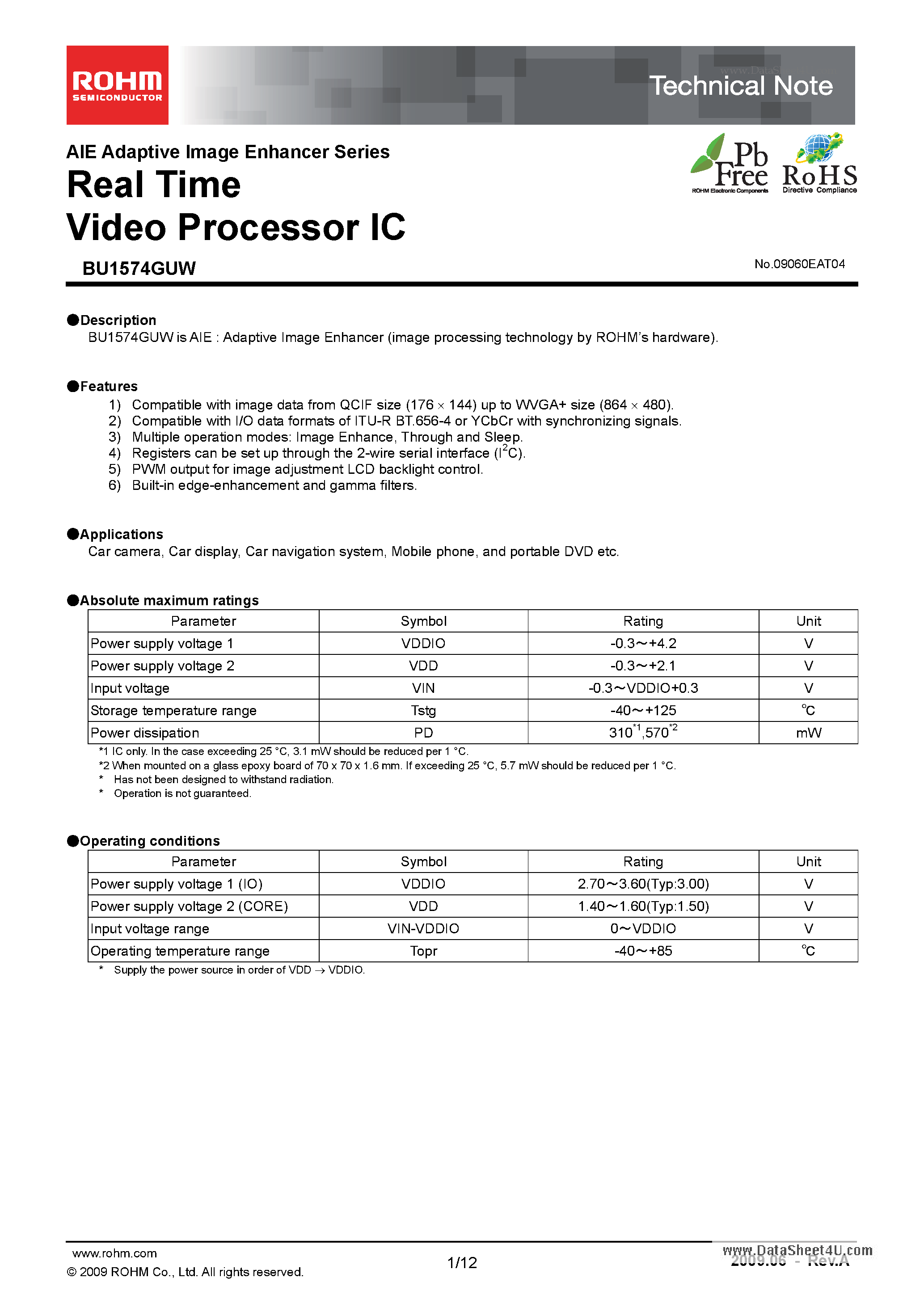 Даташит BU1574GUW - Real Time Video Processor ICs страница 1
