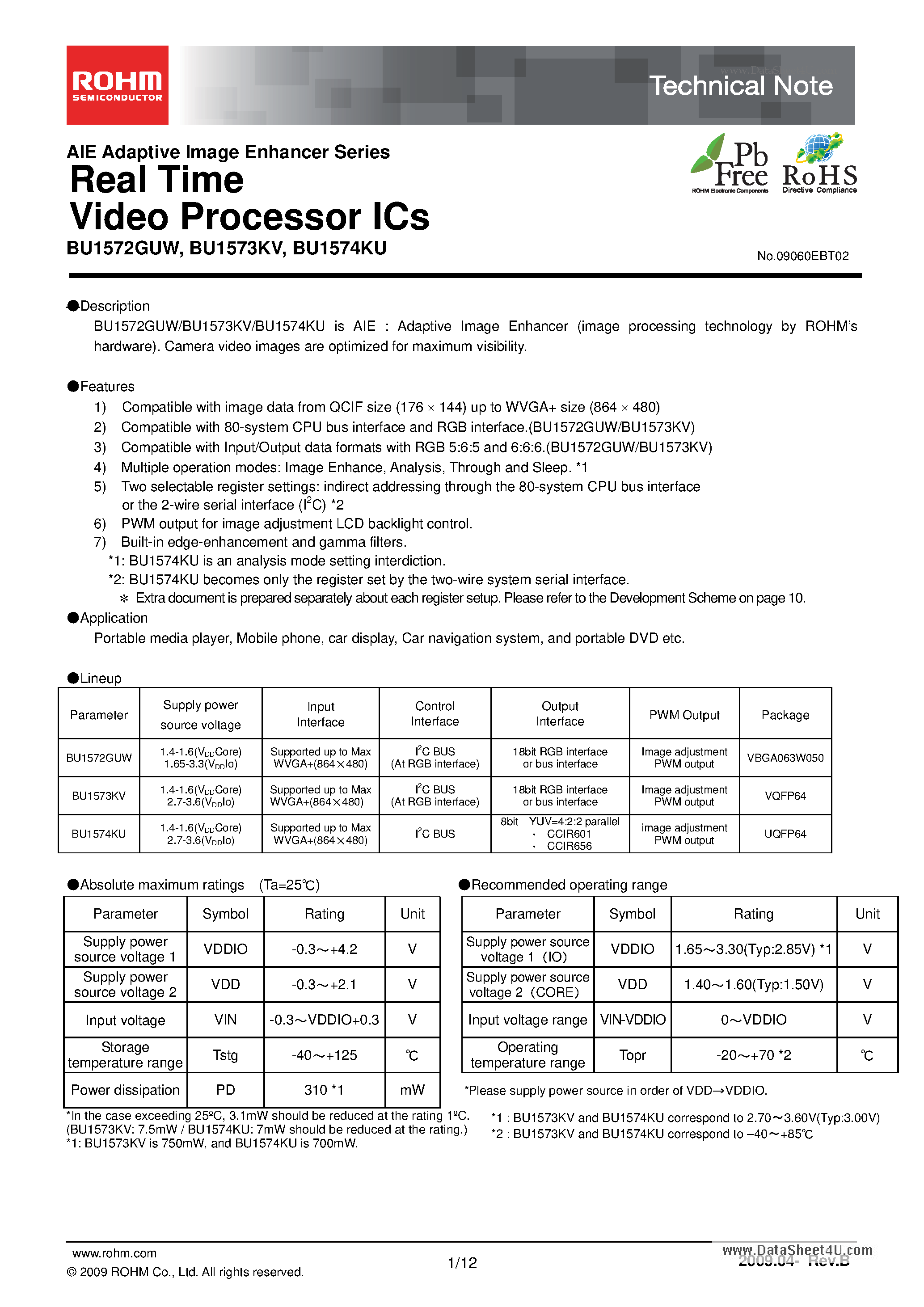 Даташит BU1573KV - Real Time Video Processor ICs страница 1