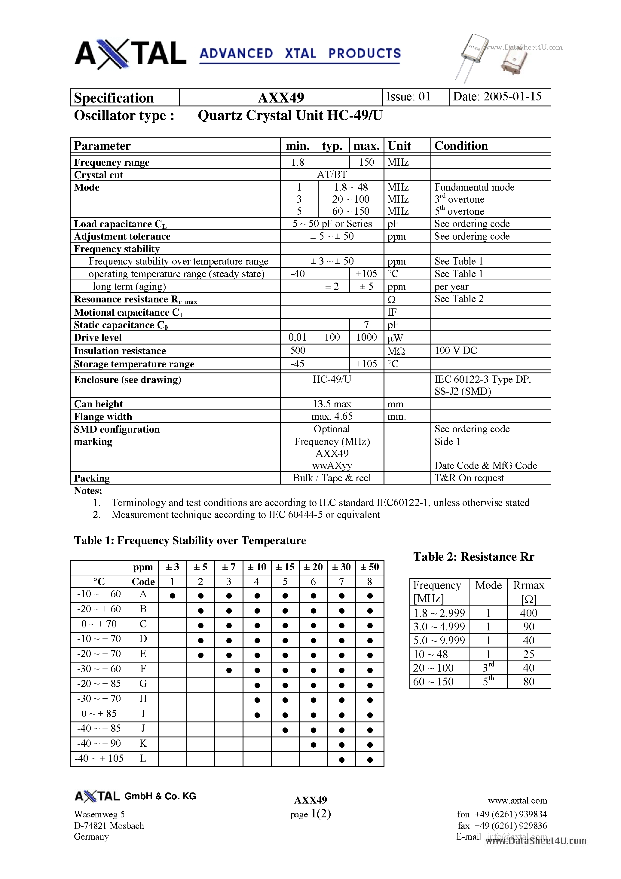 Datasheet AXX49 - Quartz Crystal Unit HC-49/U page 1