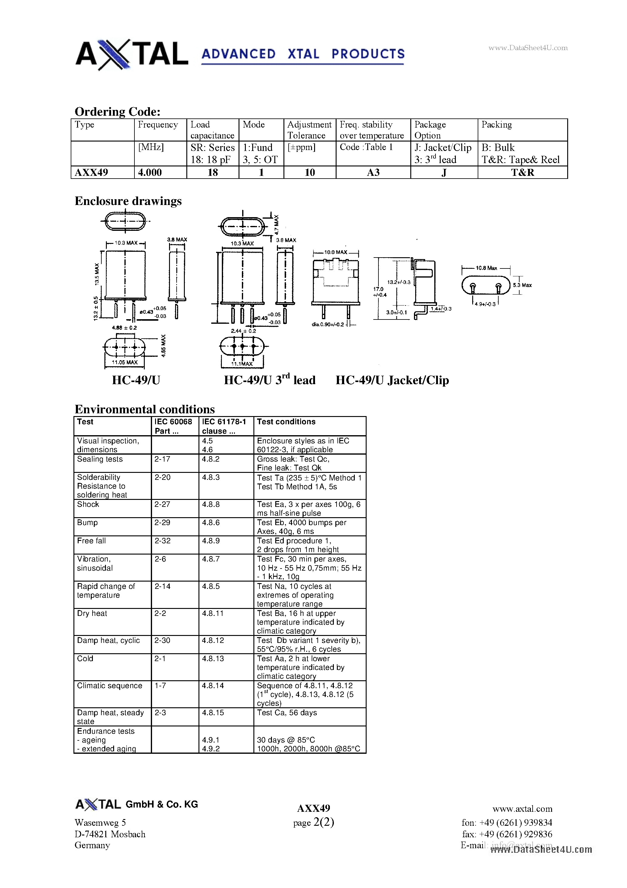 Даташит AXX49 - Quartz Crystal Unit HC-49/U страница 2