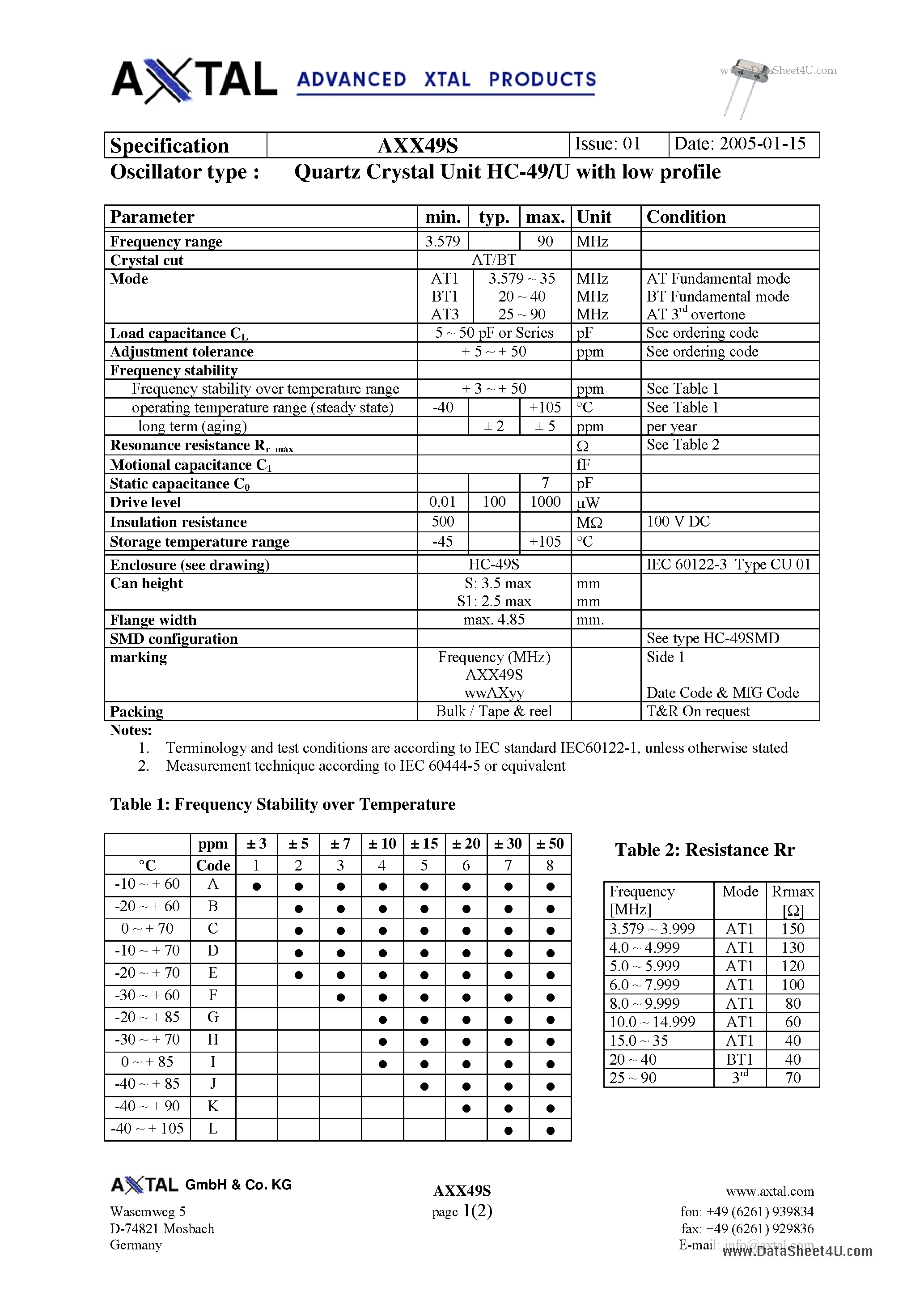 Даташит AXX49S - Quartz Crystal Unit HC-49/U страница 1