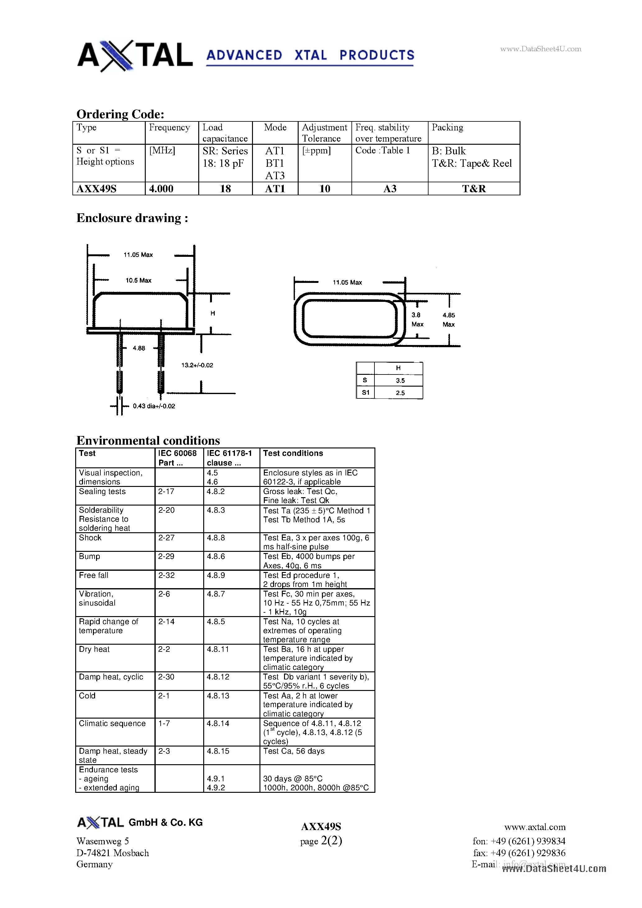 Даташит AXX49S - Quartz Crystal Unit HC-49/U страница 2