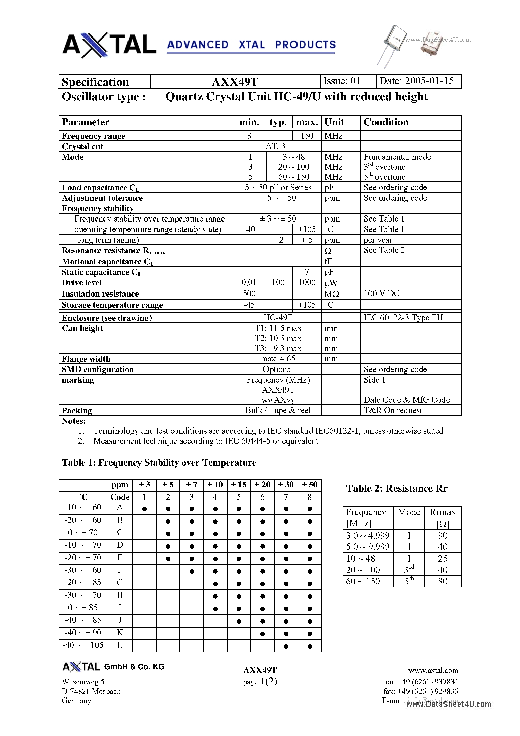 Даташит AXX49T - Quartz Crystal Unit HC-49/U страница 1