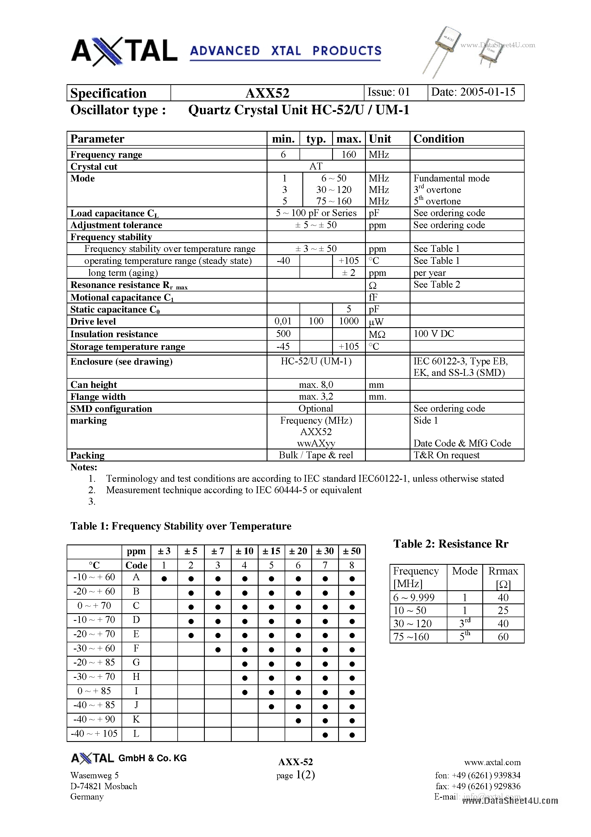 Datasheet AXX52 - Quartz Crystal Unit HC-52/U/UM-1 page 1
