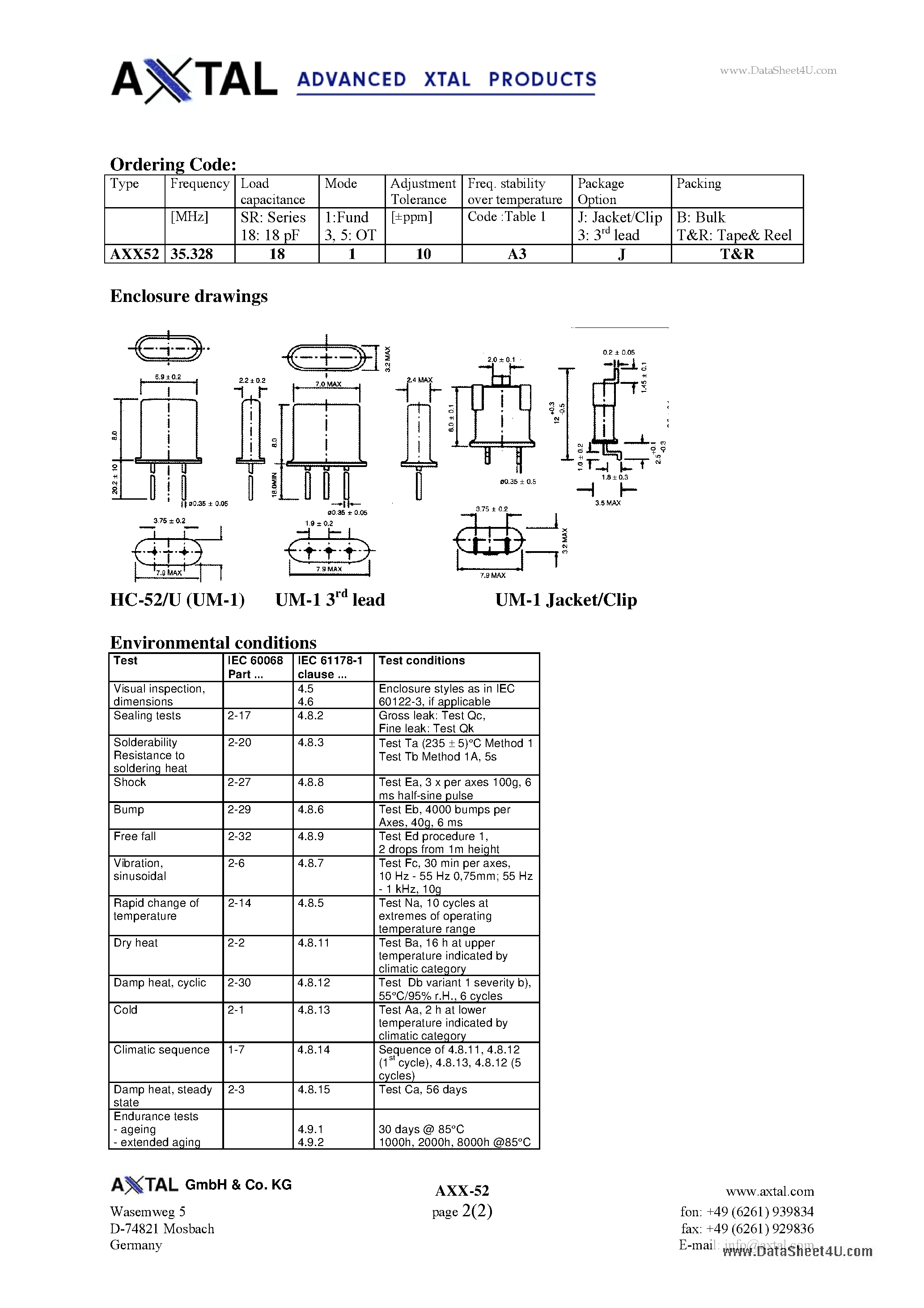 Даташит AXX52 - Quartz Crystal Unit HC-52/U/UM-1 страница 2