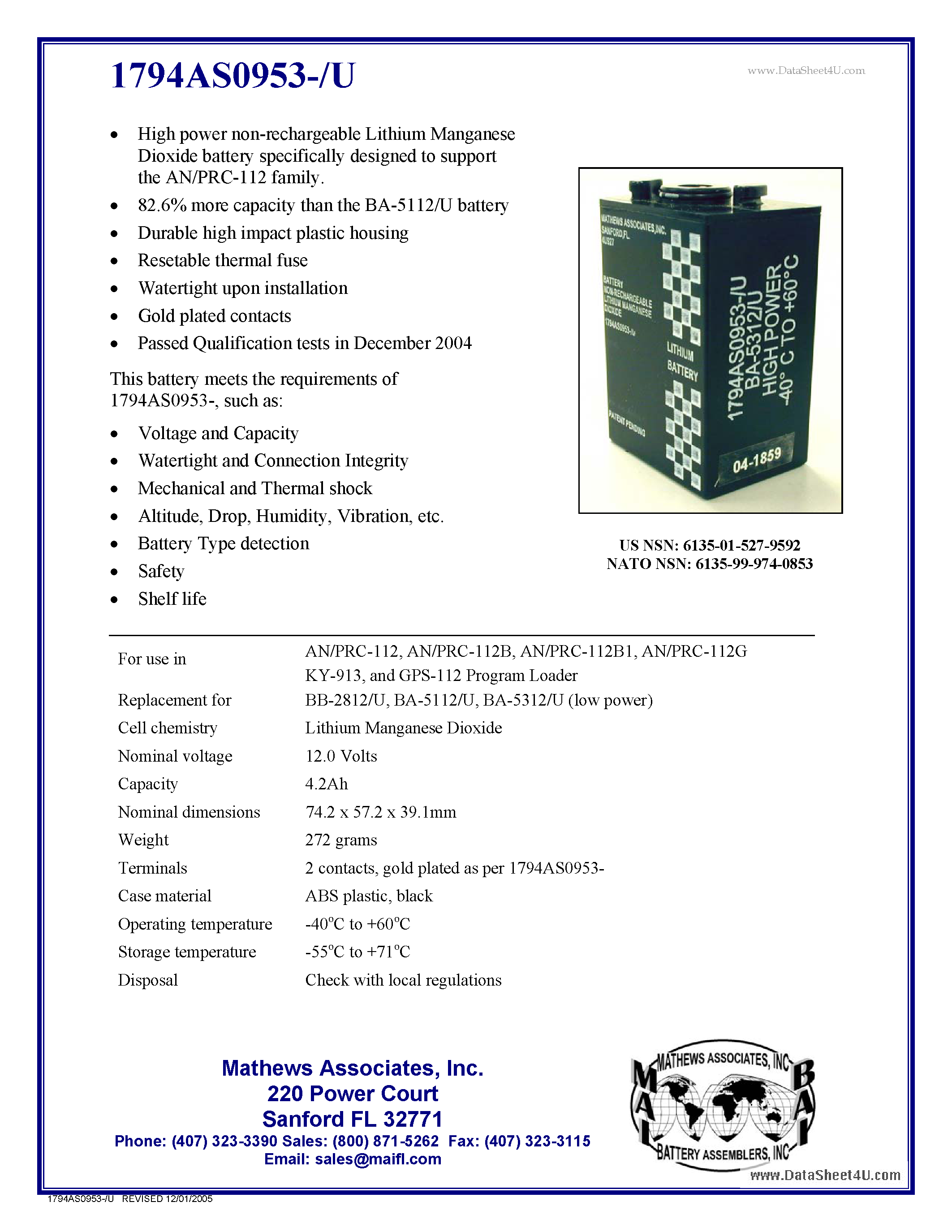Datasheet 1794AS0953-/U - High power non-rechargeable Lithium Manganese Dioxide battery page 1