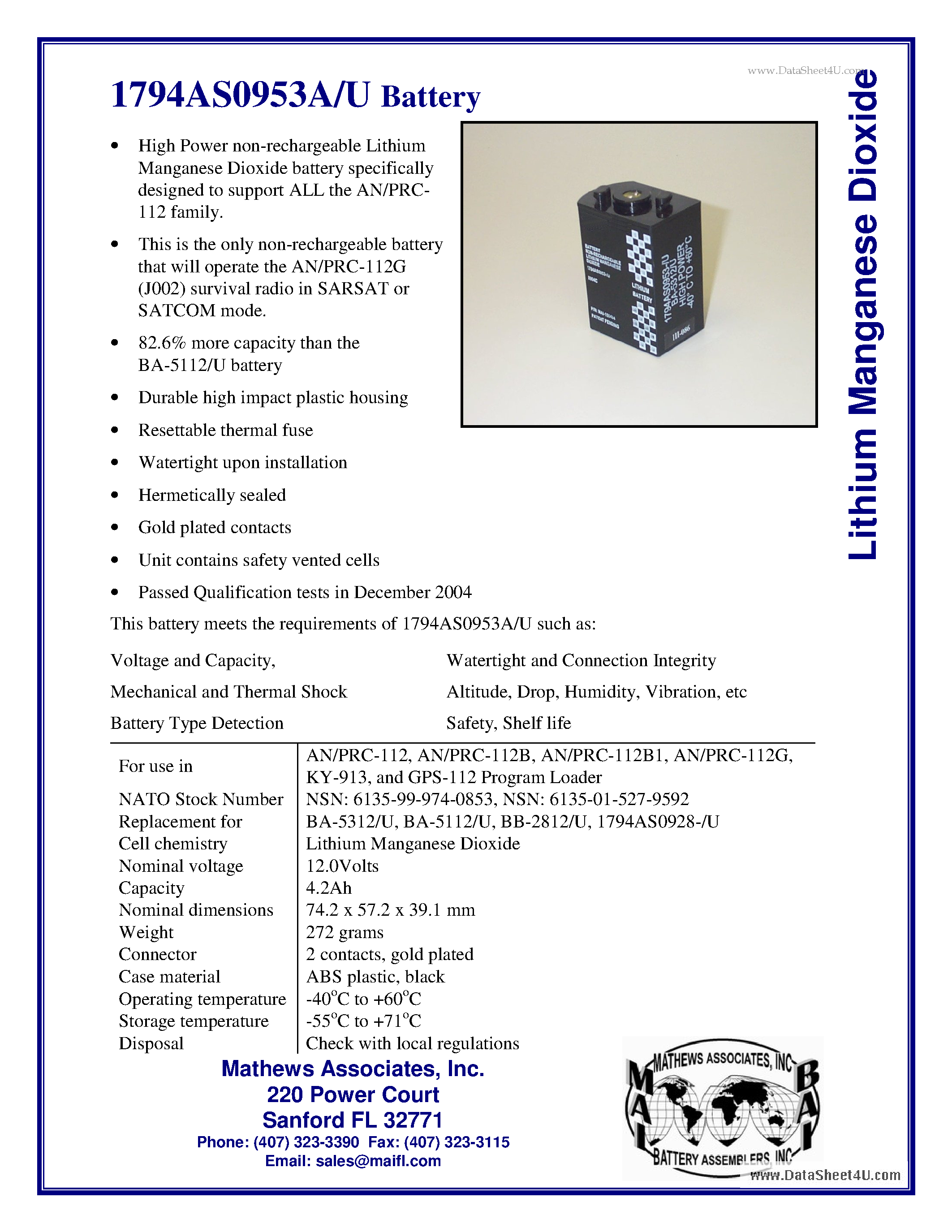 Datasheet 1794AS0953A/U - Battery page 1