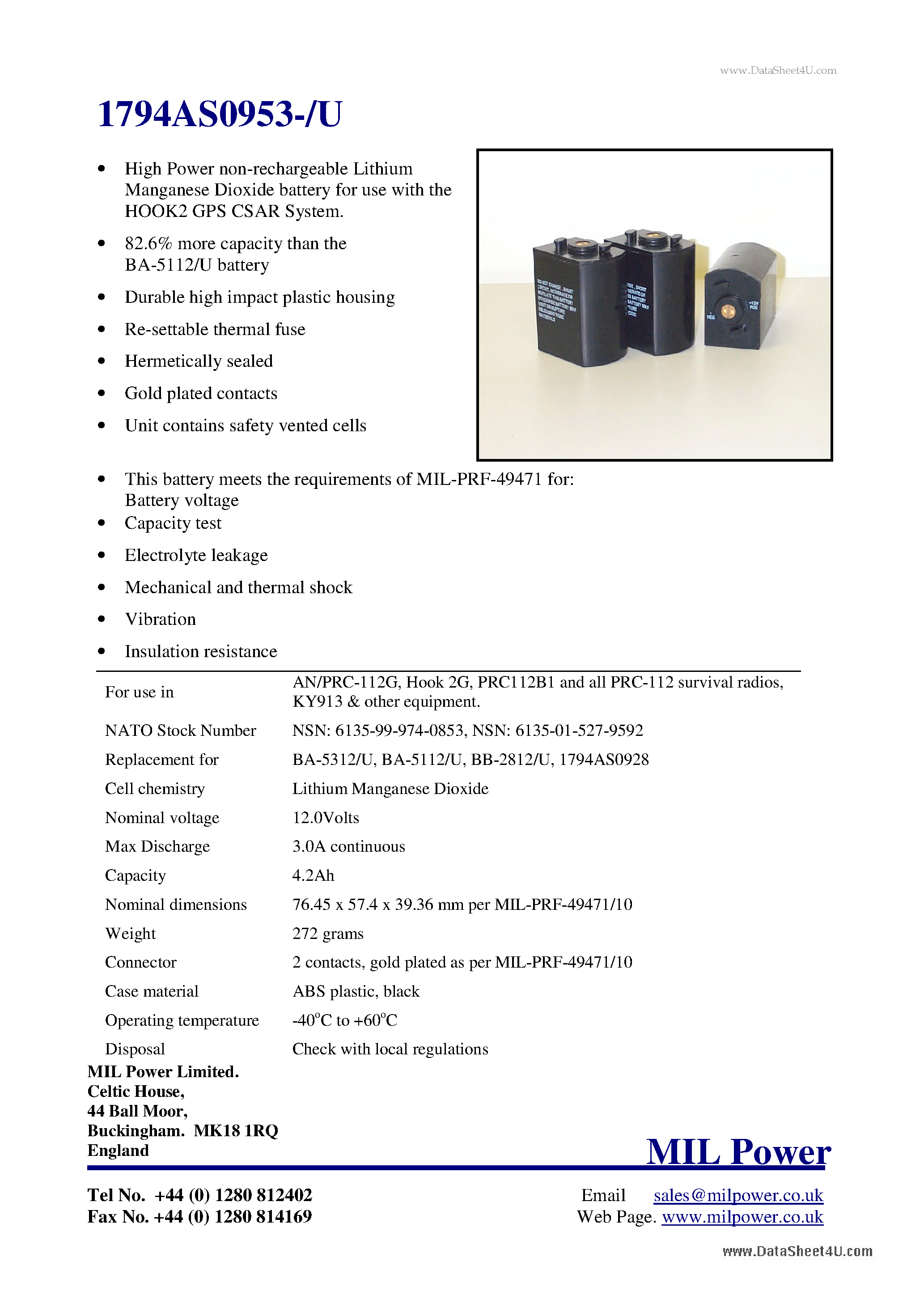 Datasheet 1794AS0953-/U - High Power non-rechargeable Lithium Manganese Dioxide battery page 1