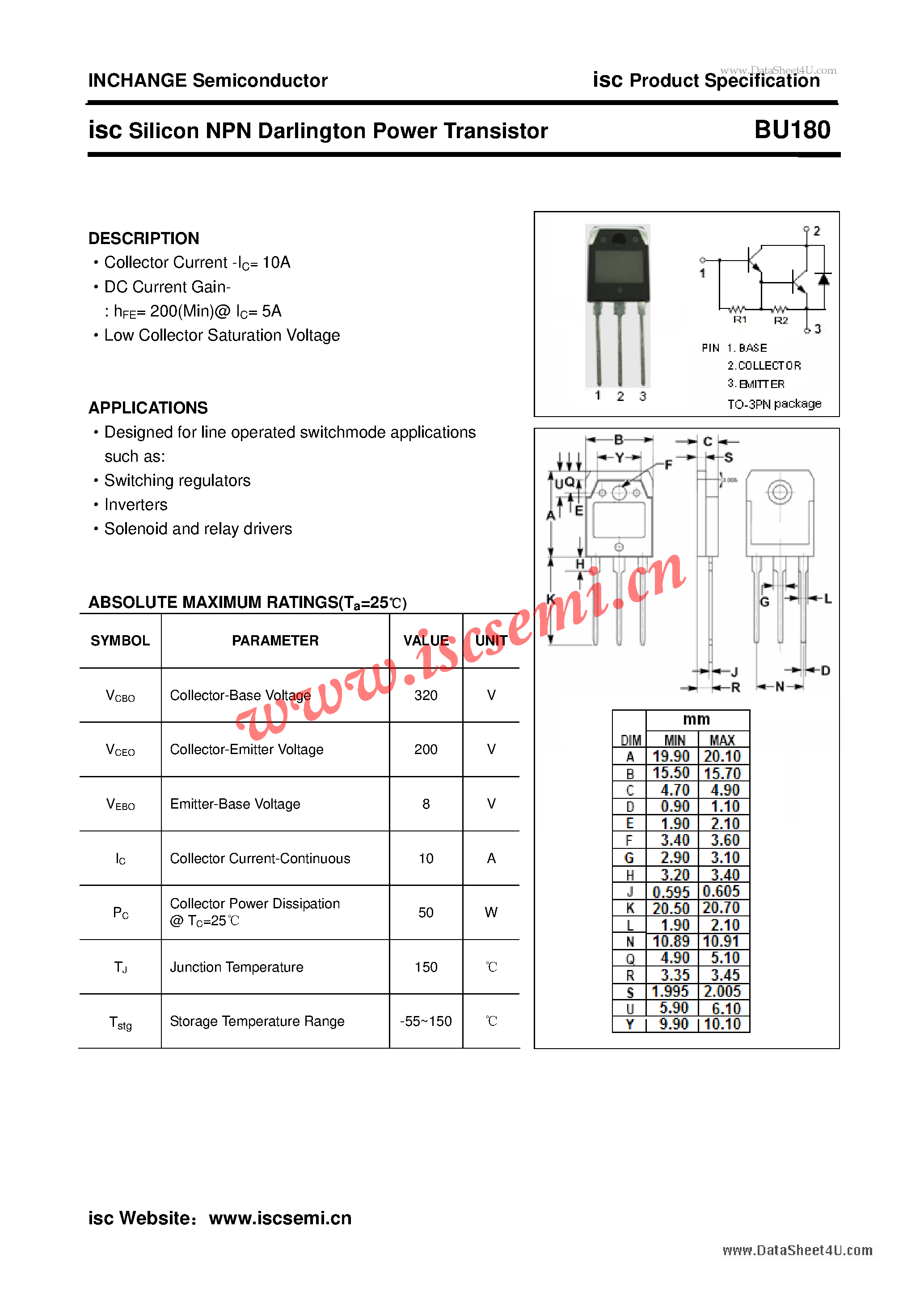 Даташит BU180 - Silicon NPN Darlington Power Transistor страница 1