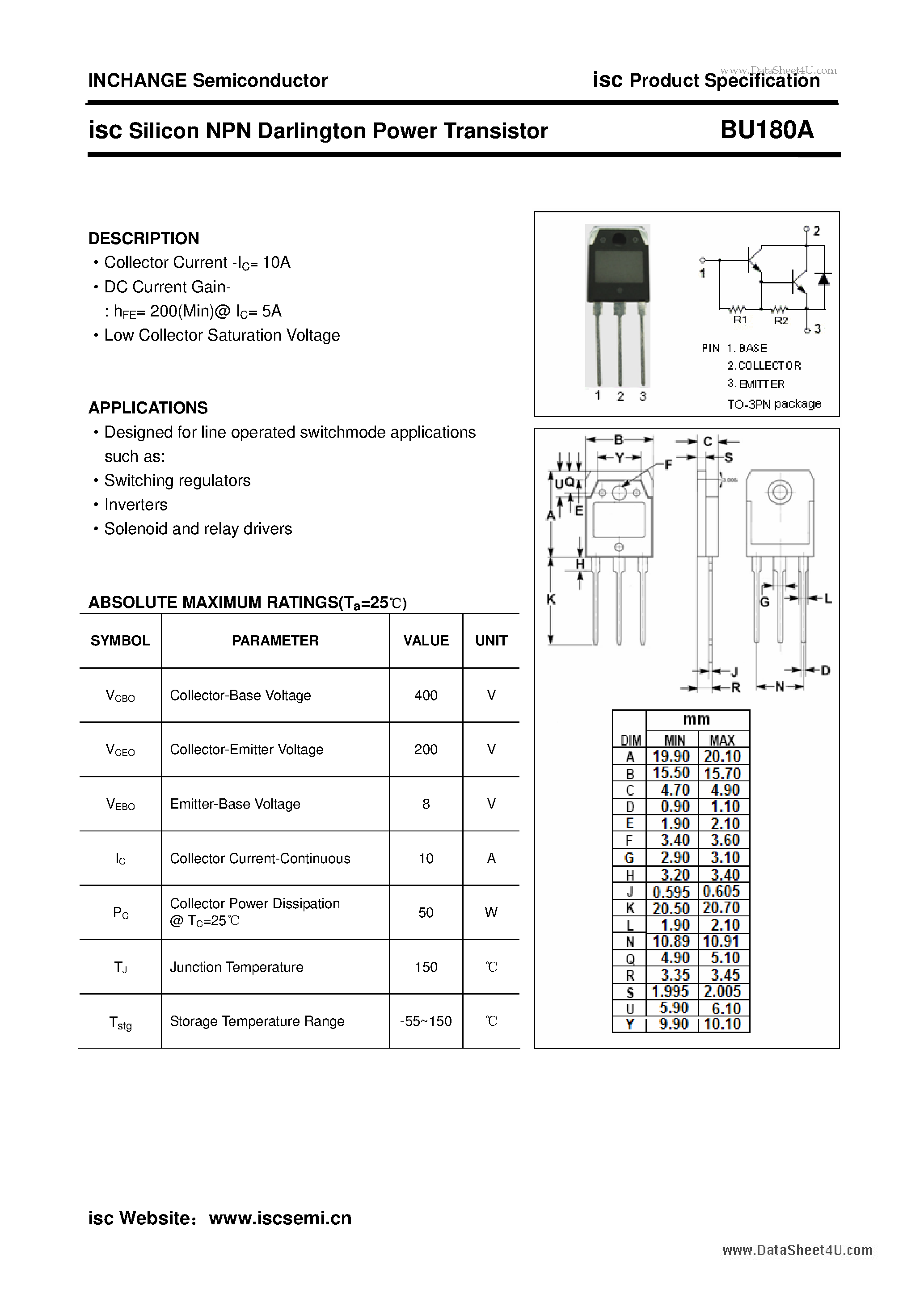 Даташит BU180A - isc Silicon NPN Darlington Power Transistor страница 1