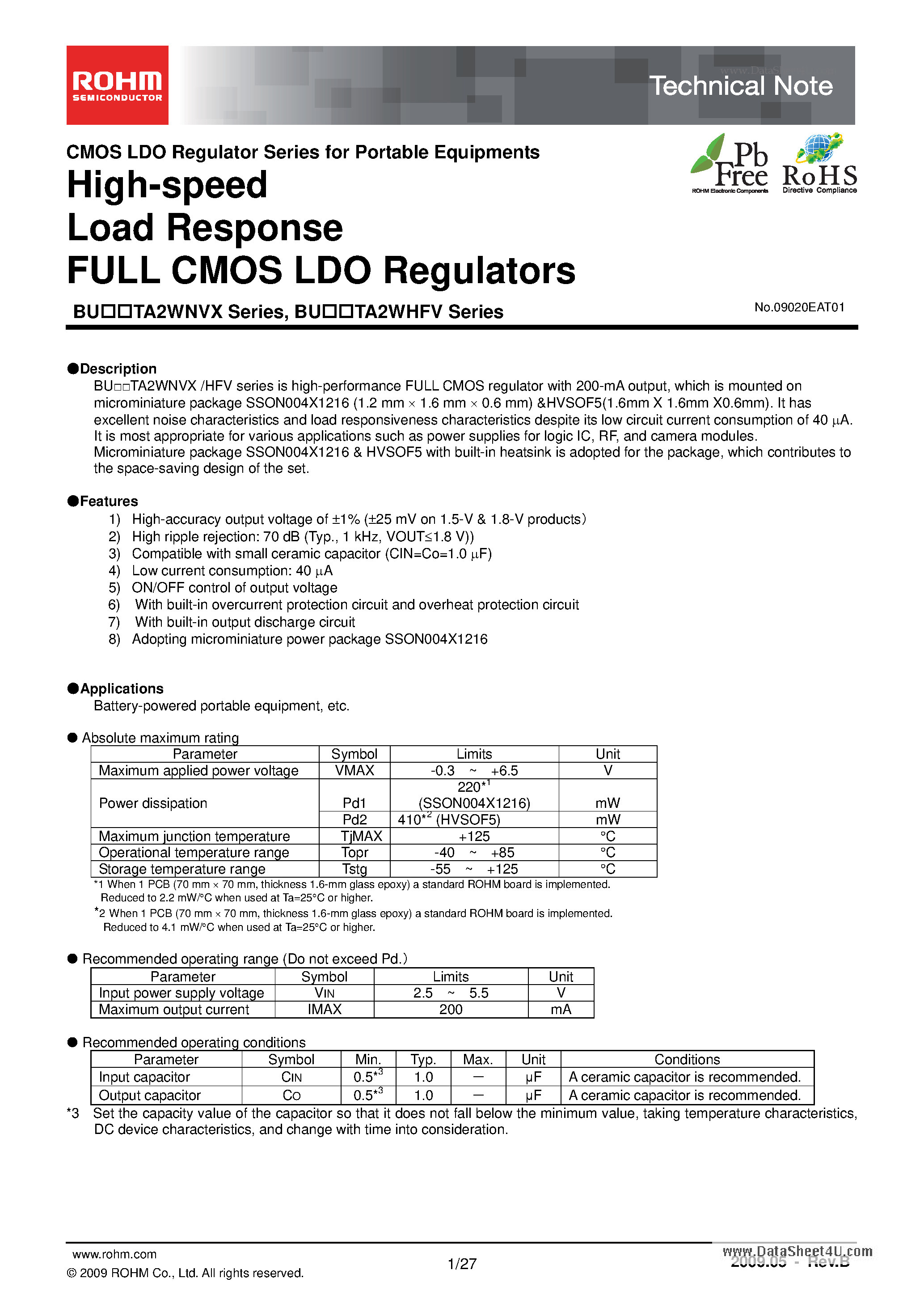 Даташит BU15TA2WHFV - High-speed Load Response FULL CMOS LDO Regulators страница 1