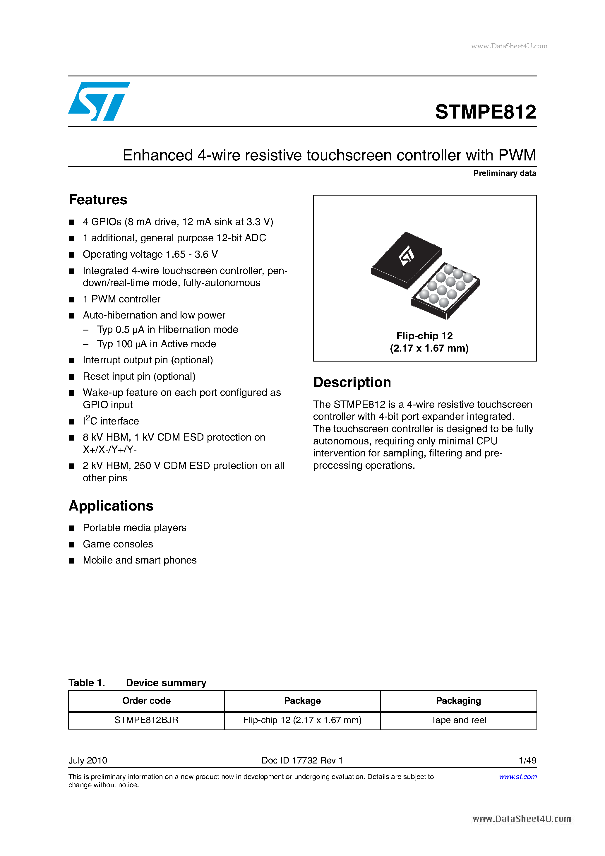 Datasheet STMPE812 - Enhanced 4-wire resistive touchscreen controller page 1