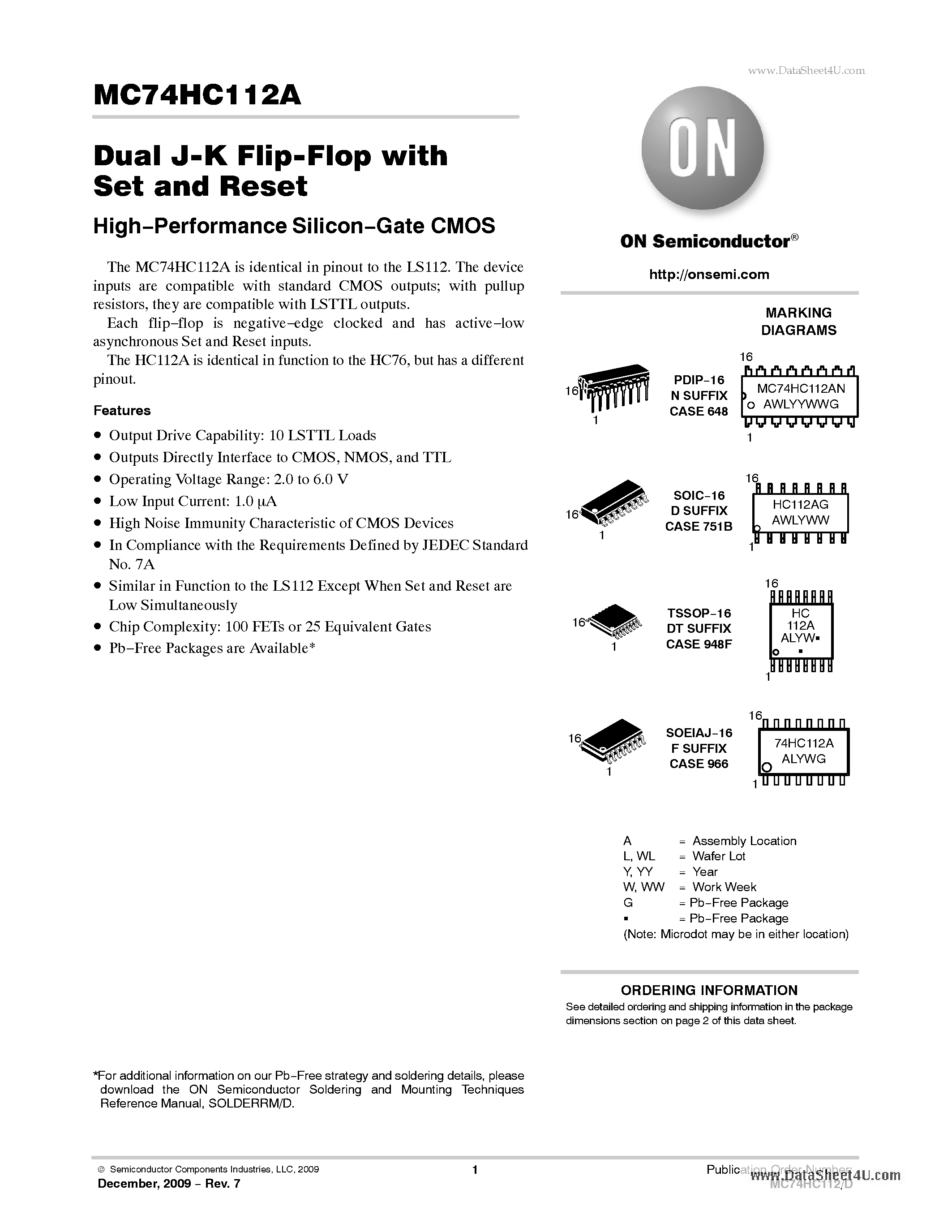 Datasheet MC74HC112A - Dual J-K Flip-Flop page 1