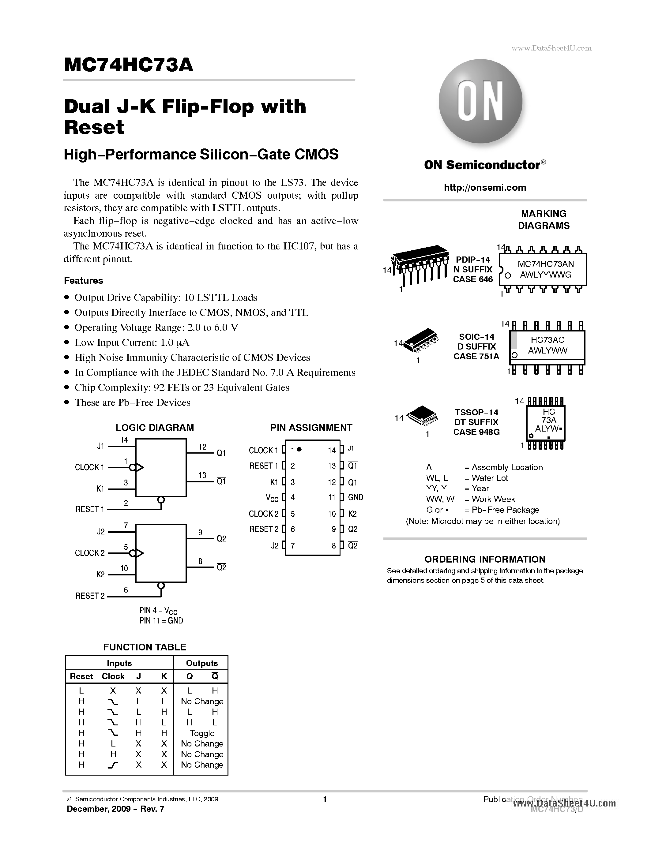 Datasheet MC74HC73A - Dual J-K Flip-Flop page 1