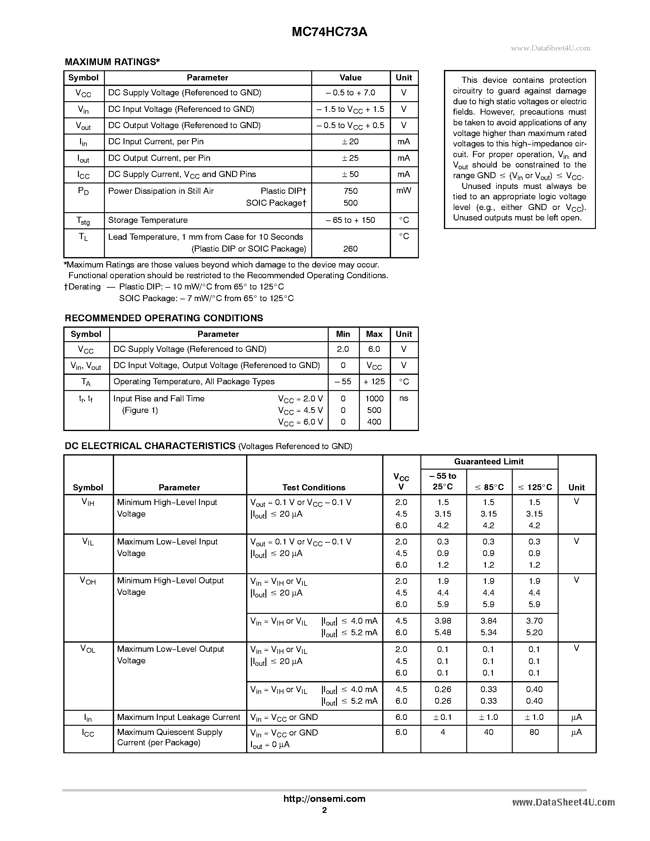 Datasheet MC74HC73A - Dual J-K Flip-Flop page 2