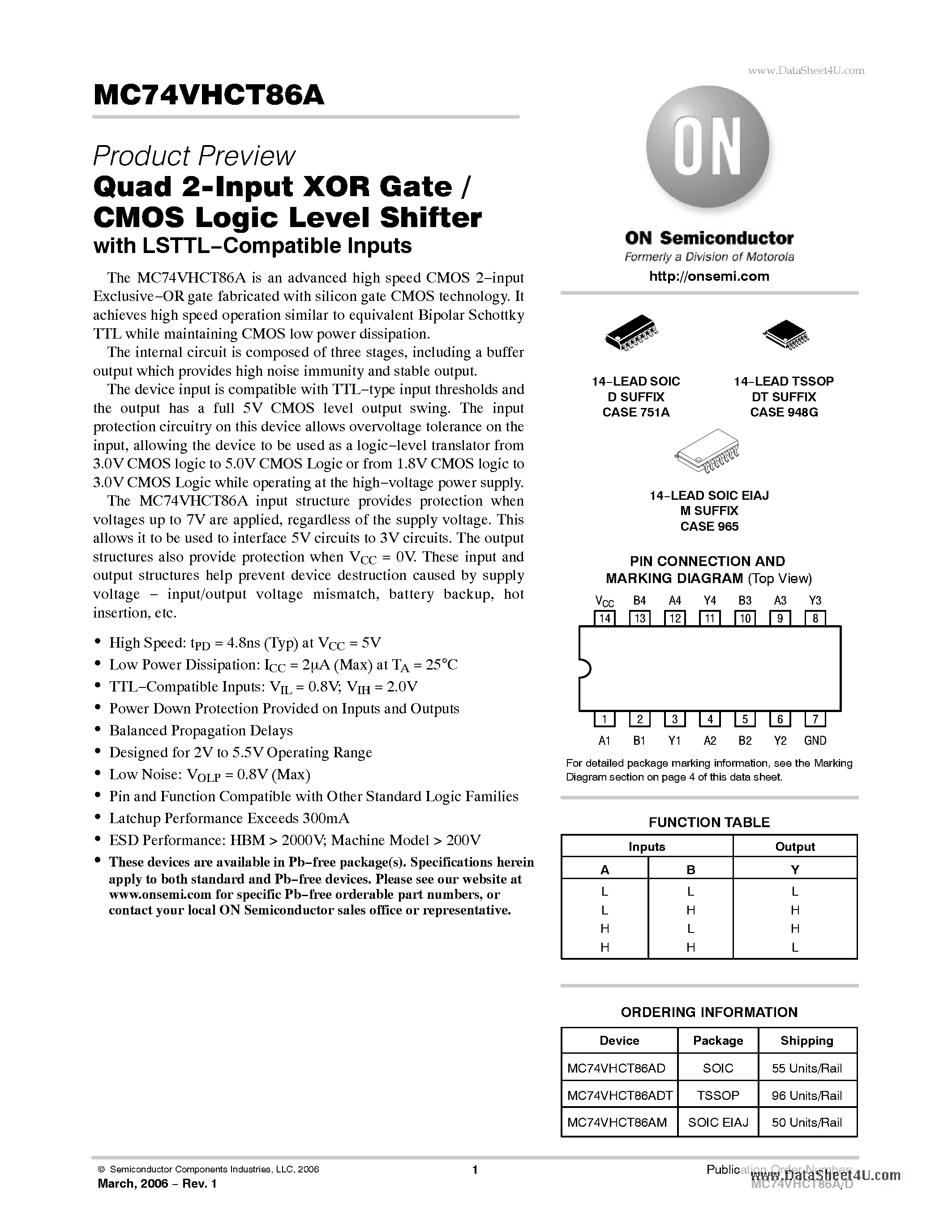 Datasheet MC74VHCT86A - Quad 2-Input XOR Gate / CMOS Logic Level Shifter page 1