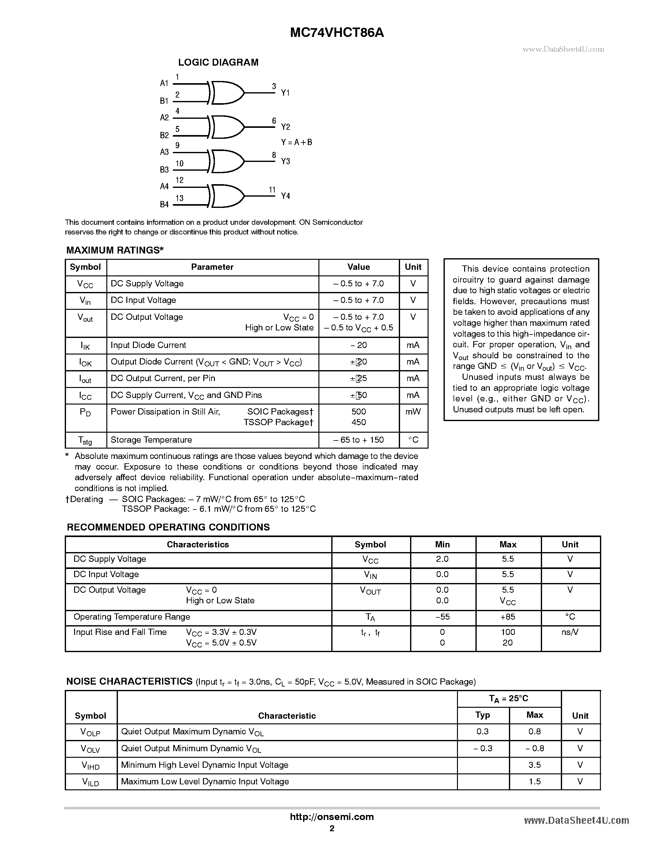 Datasheet MC74VHCT86A - Quad 2-Input XOR Gate / CMOS Logic Level Shifter page 2