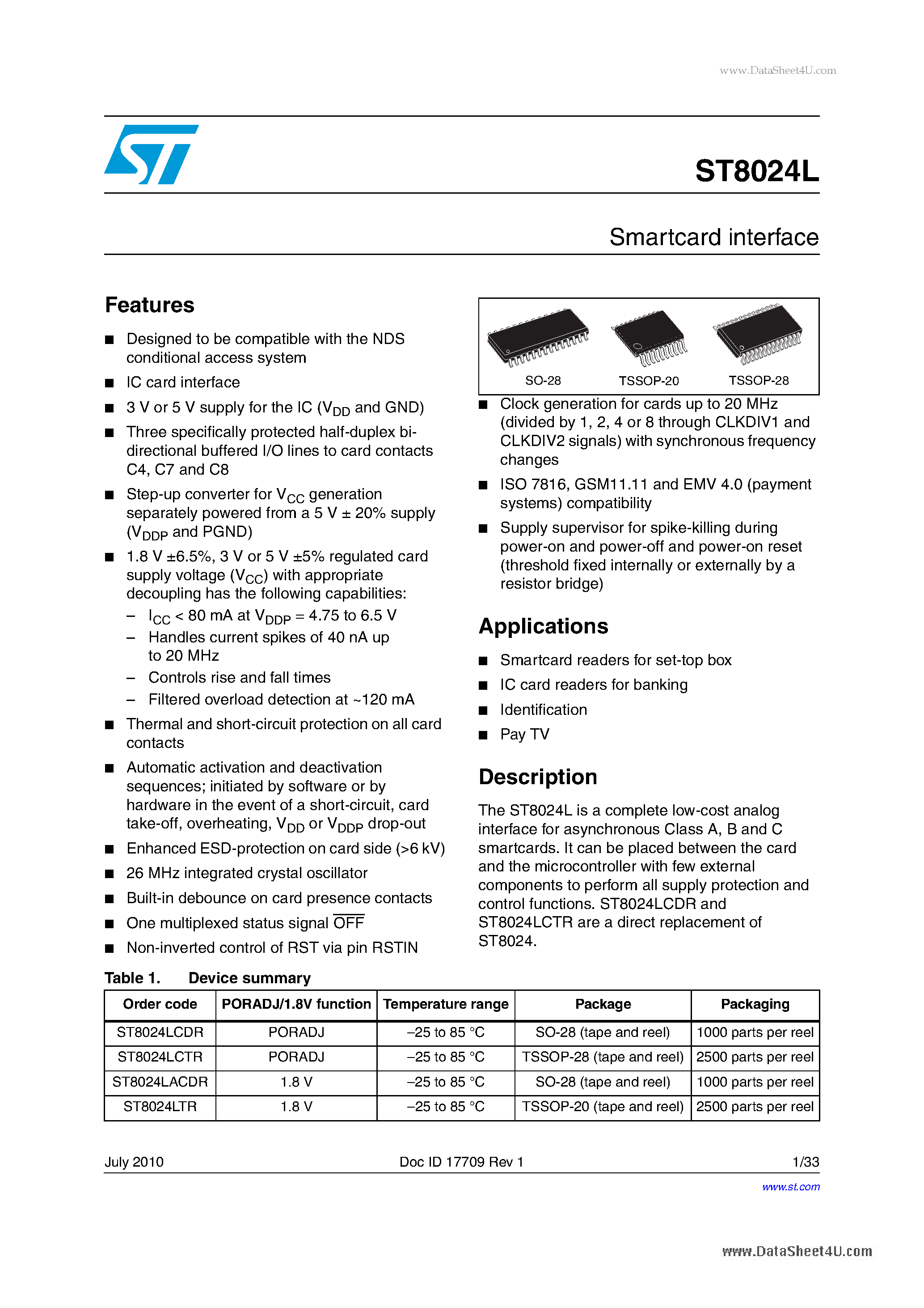 Datasheet ST8024L - Smartcard interface page 1
