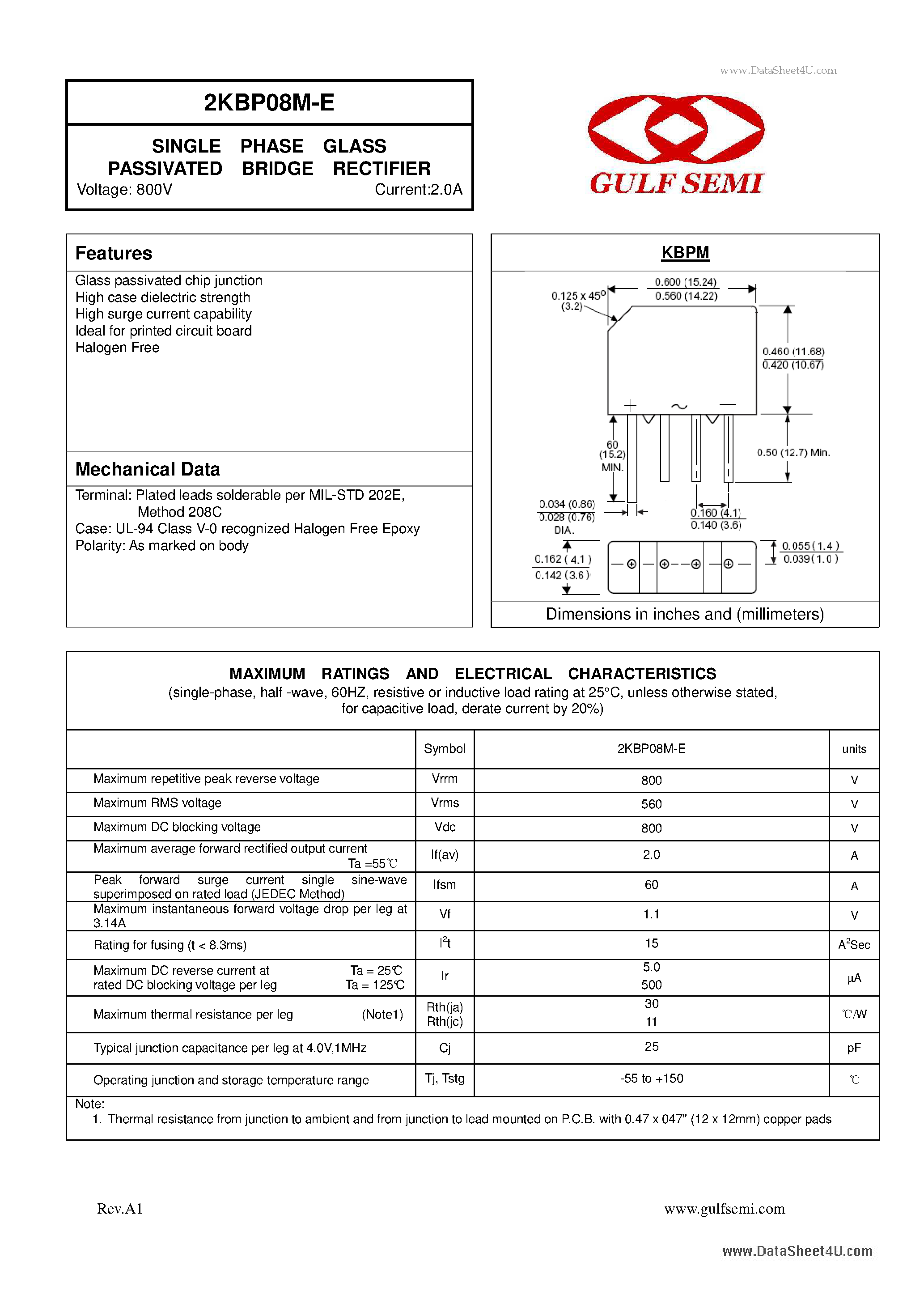 Даташит 2KBP08M-E - SINGLE PHASE GLASS PASSIVATED BRIDGE RECTIFIER Voltage: 800V Current:2.0A страница 1