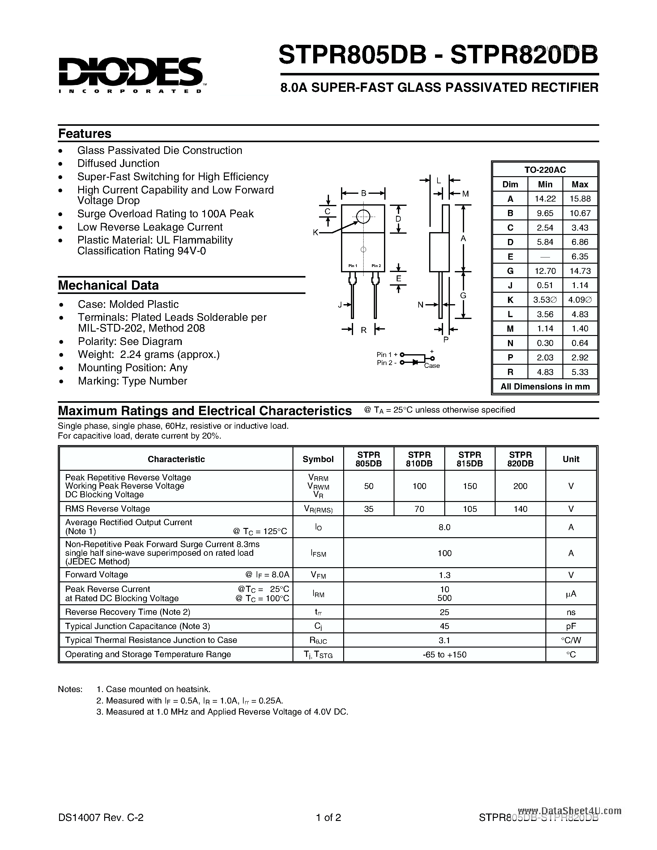 Datasheet STPR805DB - 8.0A SUPER-FAST GLASS PASSIVATED RECTIFIER page 1