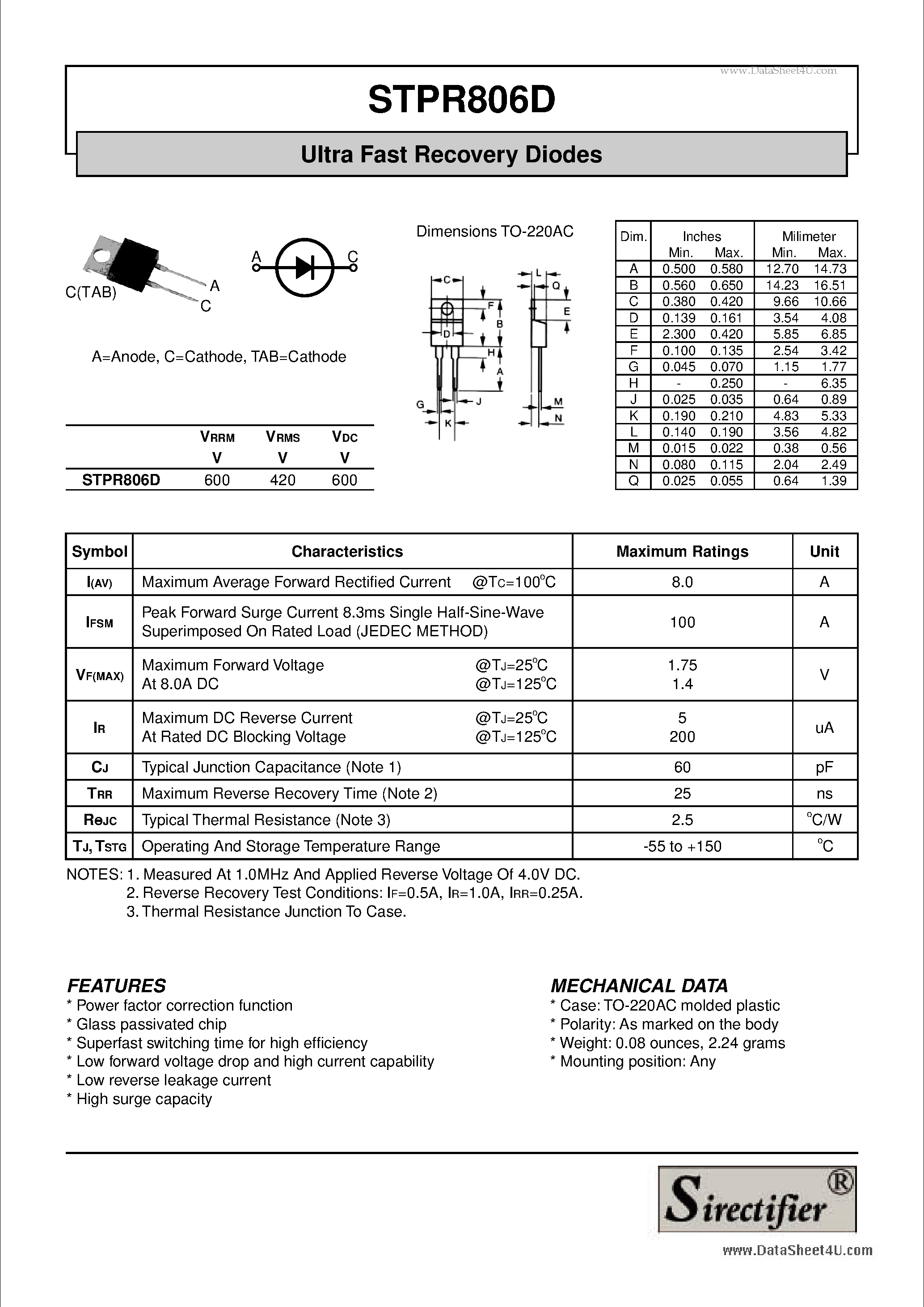 Даташит STPR806D - Ultra Fast Recovery Diodes страница 1