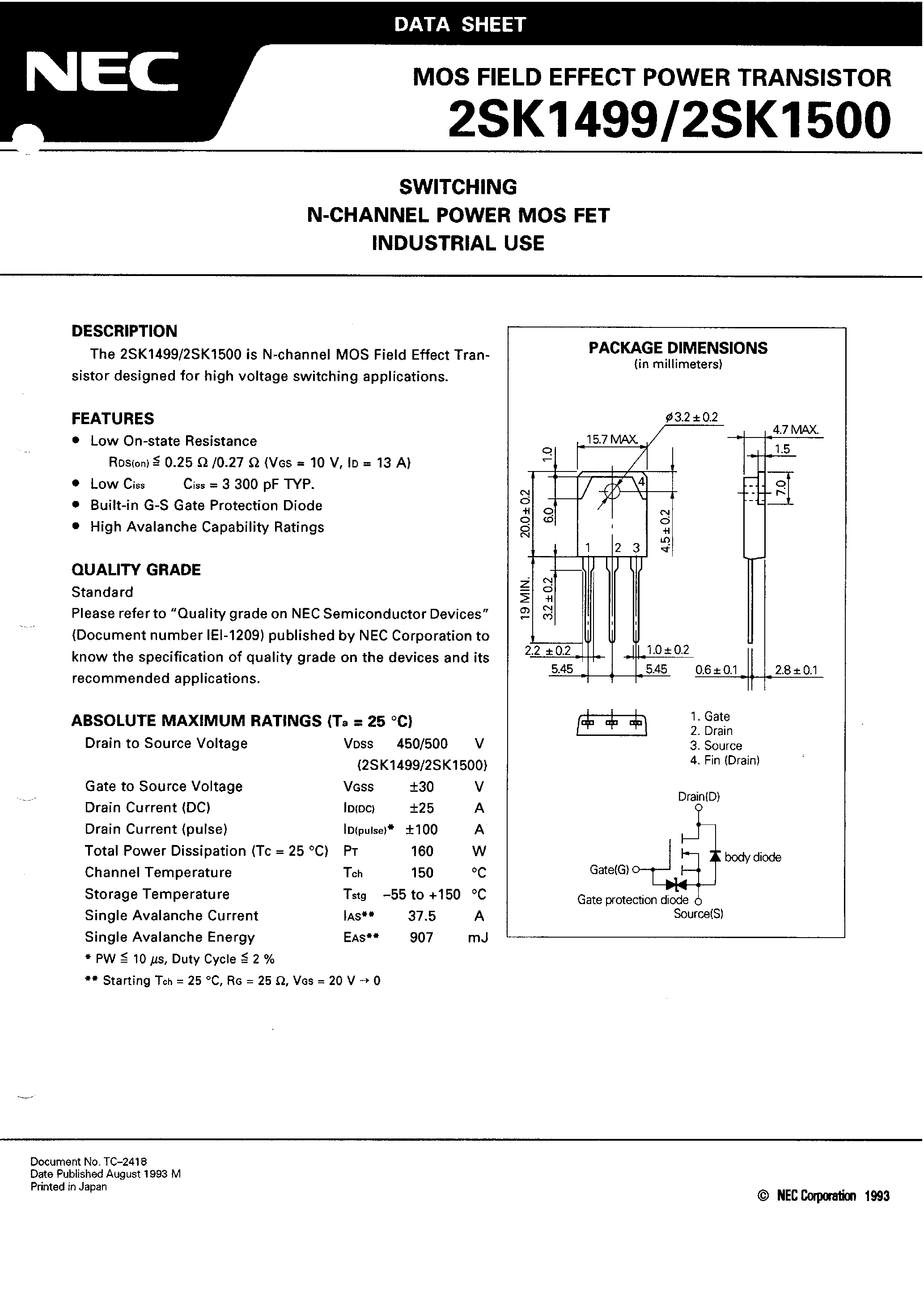 Datasheet 2SK1499 - (2SK1499 / 2SK1500) Switching N-Channel Power MOS FET page 2