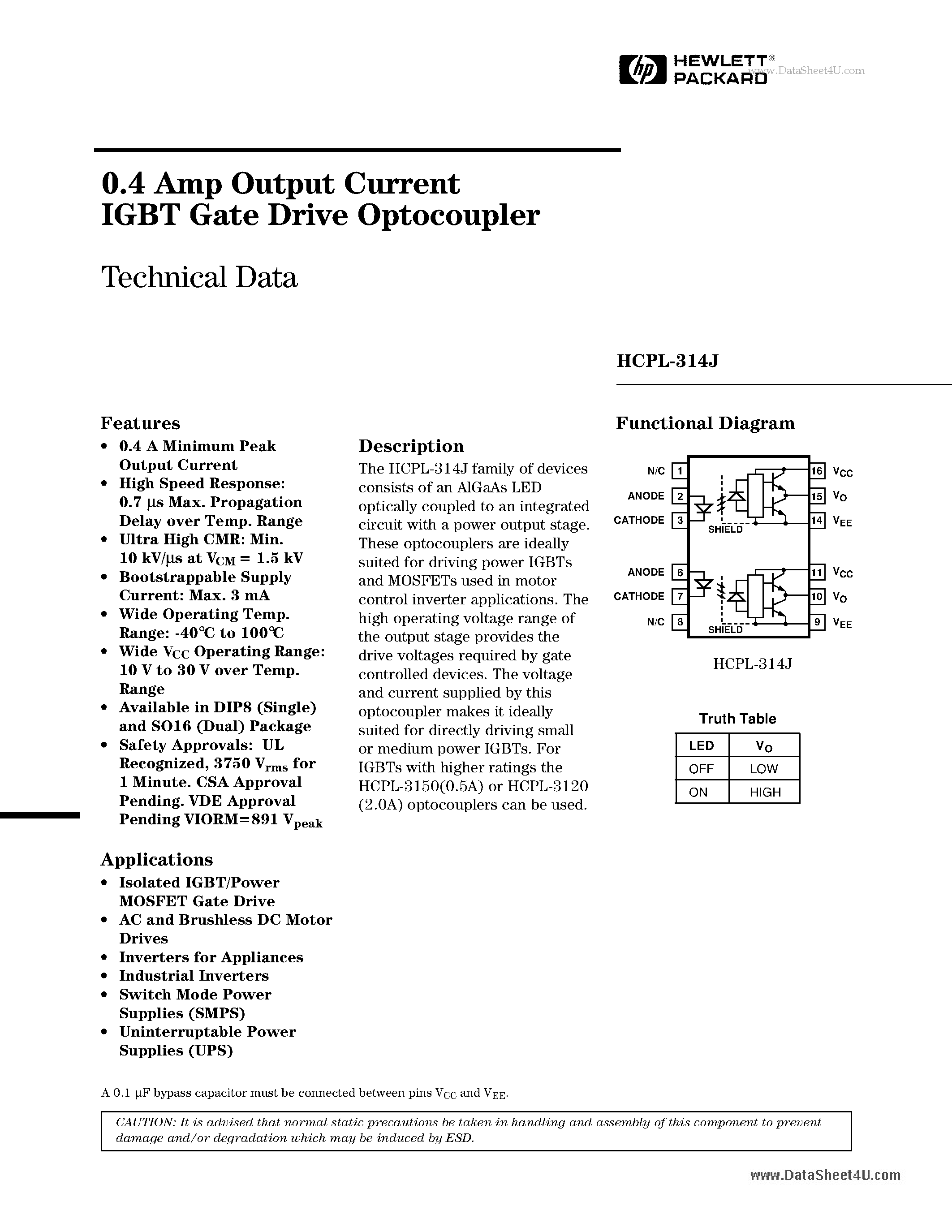 Даташит HCPL-314J - 0.4 Amp Output Current IGBT Gate Drive Optocoupler страница 1