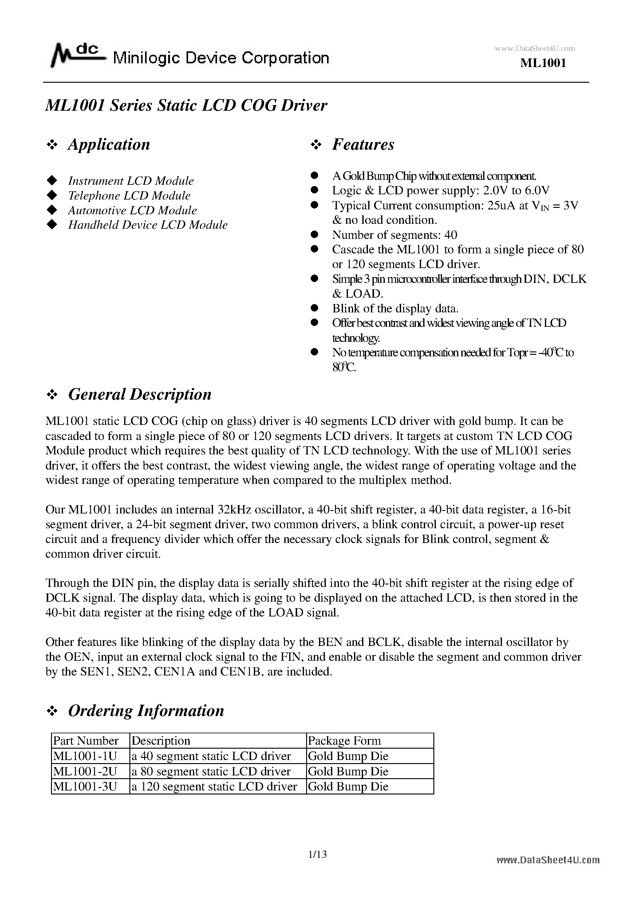 Datasheet ML1001 - Static LCD COG Driver page 1
