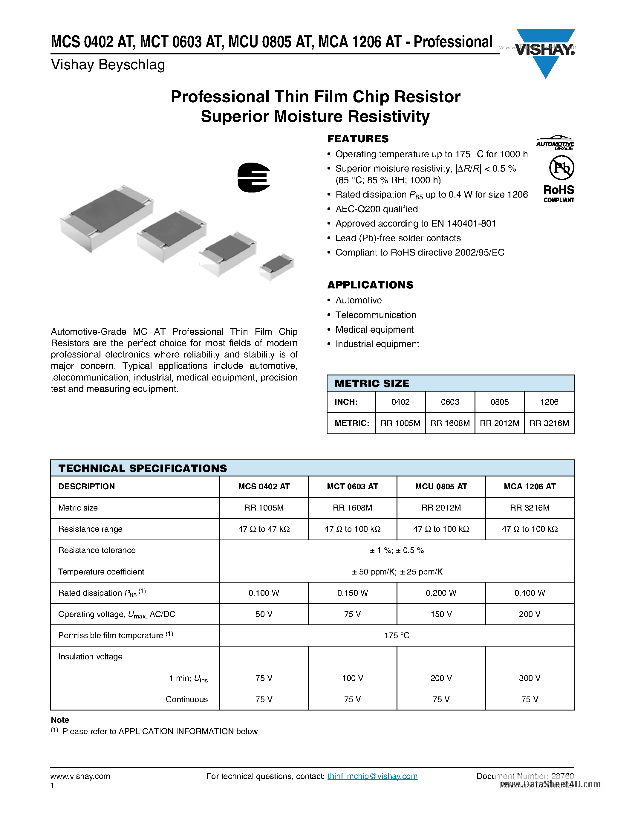 Datasheet MCT0603AT - Professional Thin Film Chip Resistor Superior Moisture Resistivity page 1