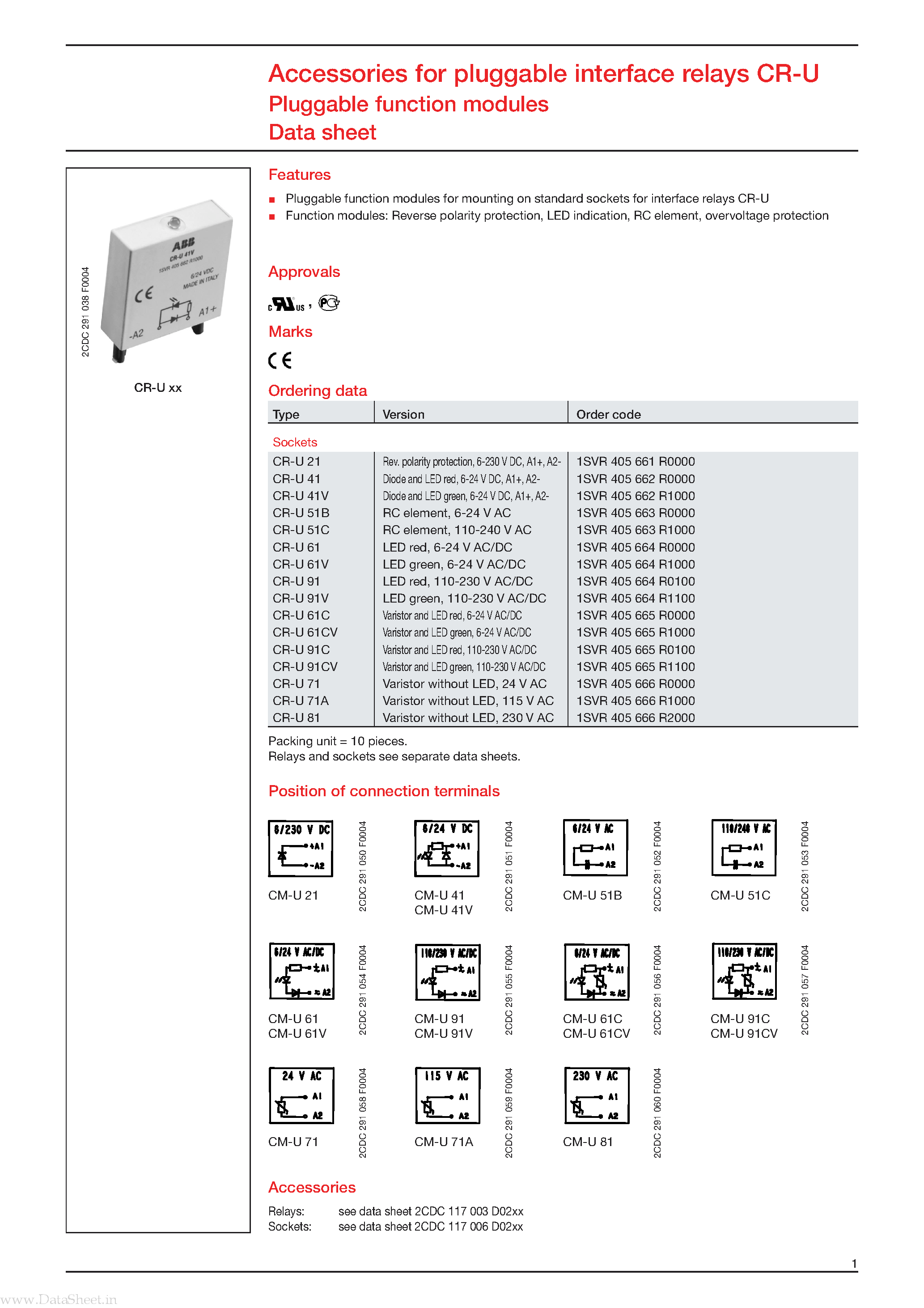 Datasheet 1SVR405661R0000 - Accessories for pluggable interface relays CR-U Pluggable function modules page 1