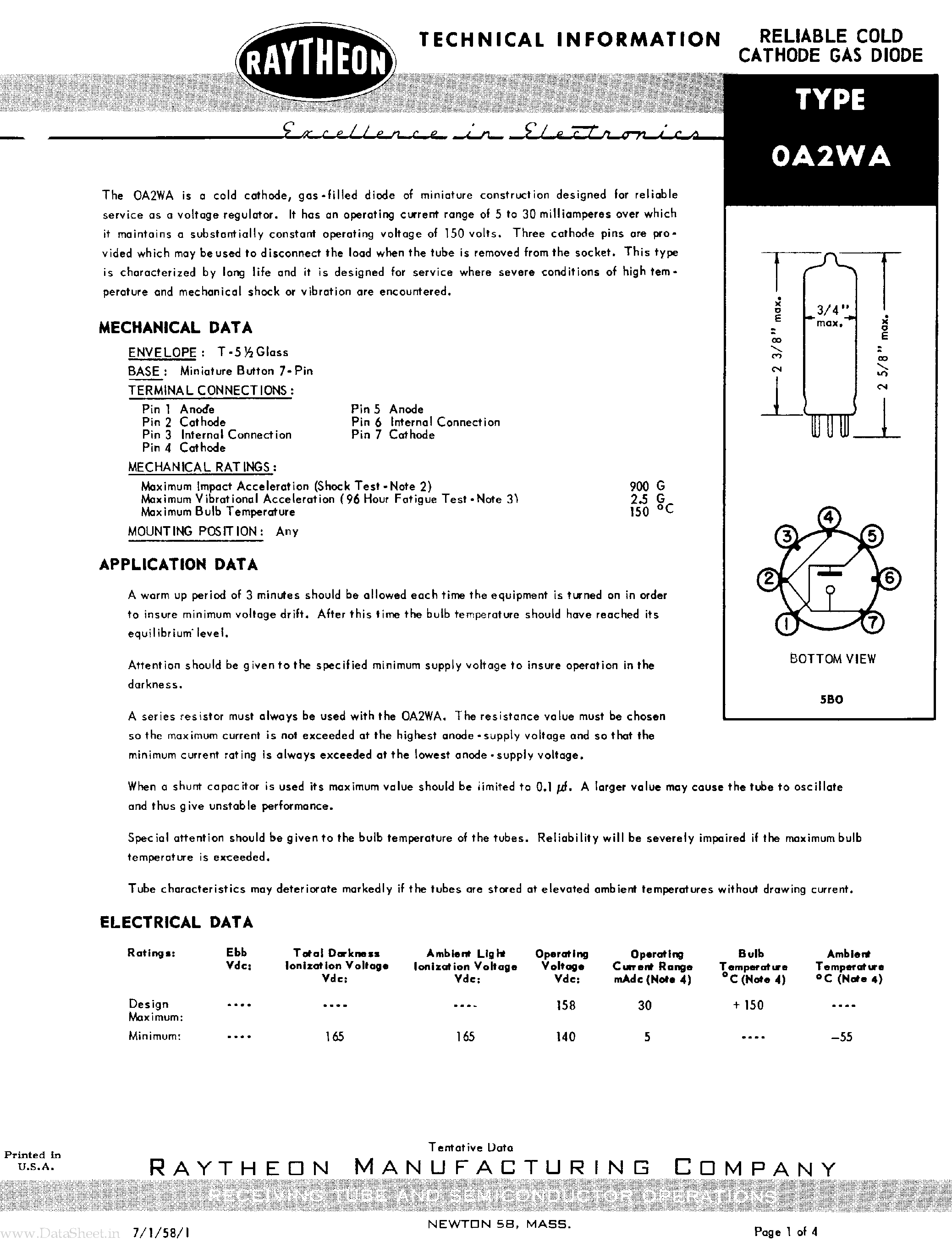 Даташит 0A2WA - Reliable Cold Cathode Gas Diode страница 1