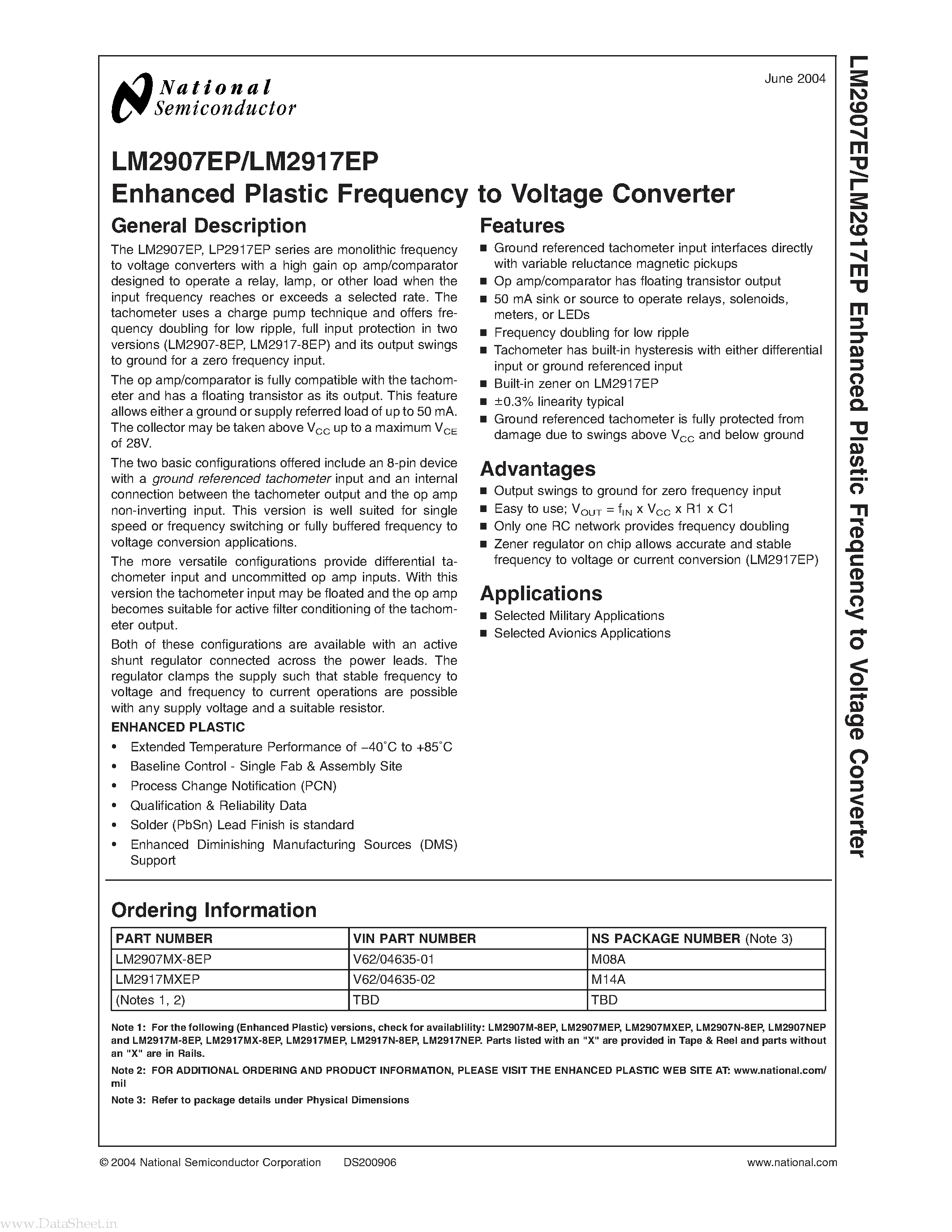 Datasheet LM2907EP - (LM2907EP / LM2917EP) Enhanced Plastic Frequency to Voltage Converter page 1