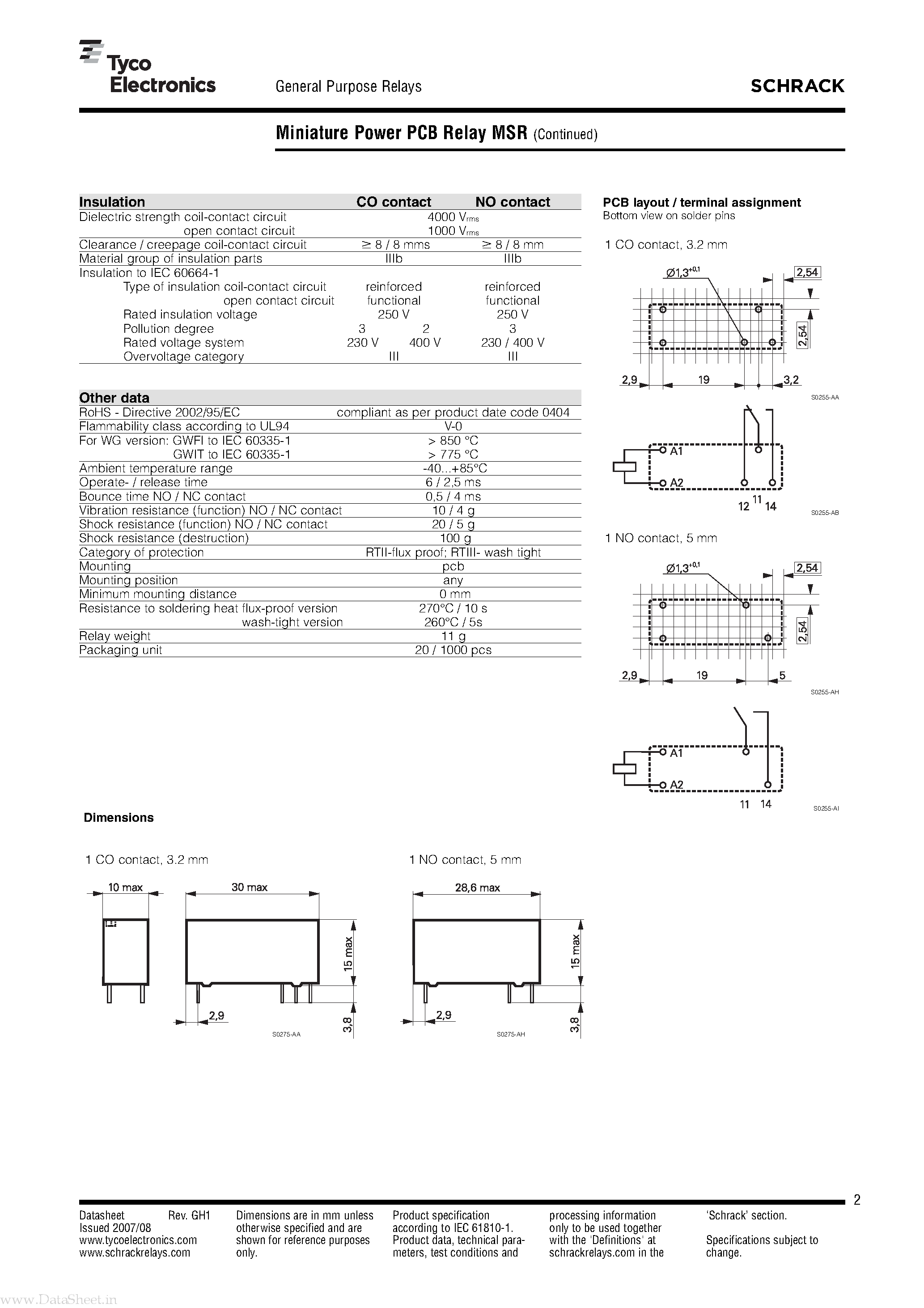 Datasheet MSR - Miniature Power PCB Relay page 2