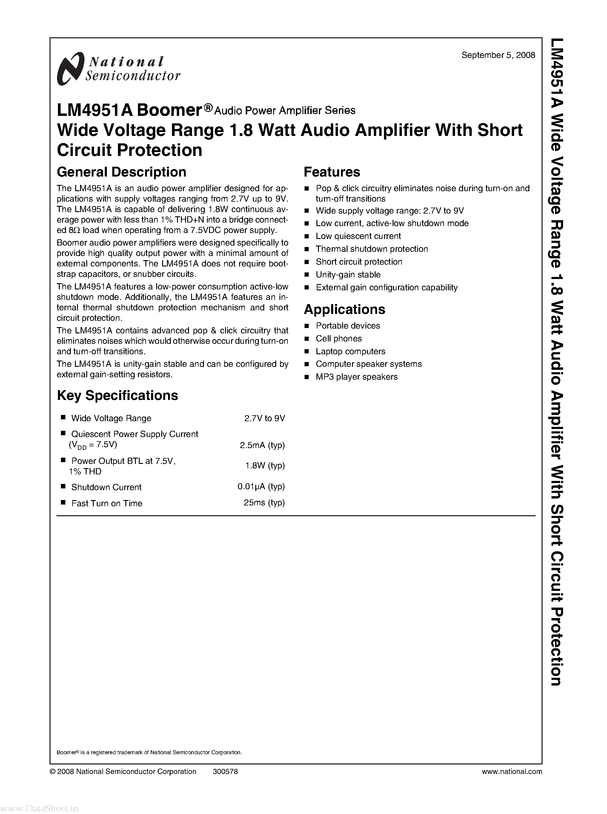 Даташит LM4951A - Wide Voltage Range 1.8 Watt Audio Amplifier страница 1