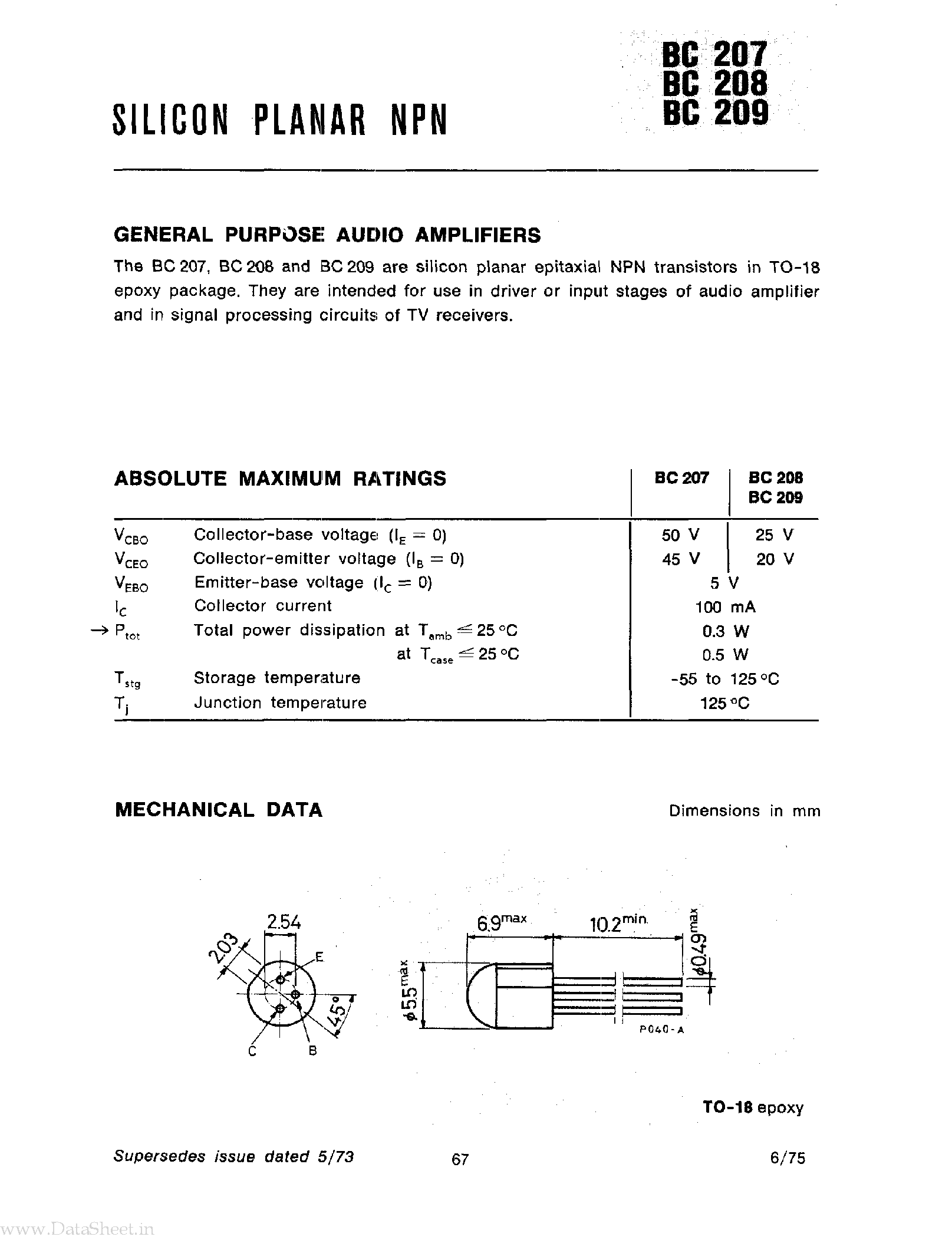 Datasheet BC207 - (BC207 - BC209) Silicon Planar NPN page 1