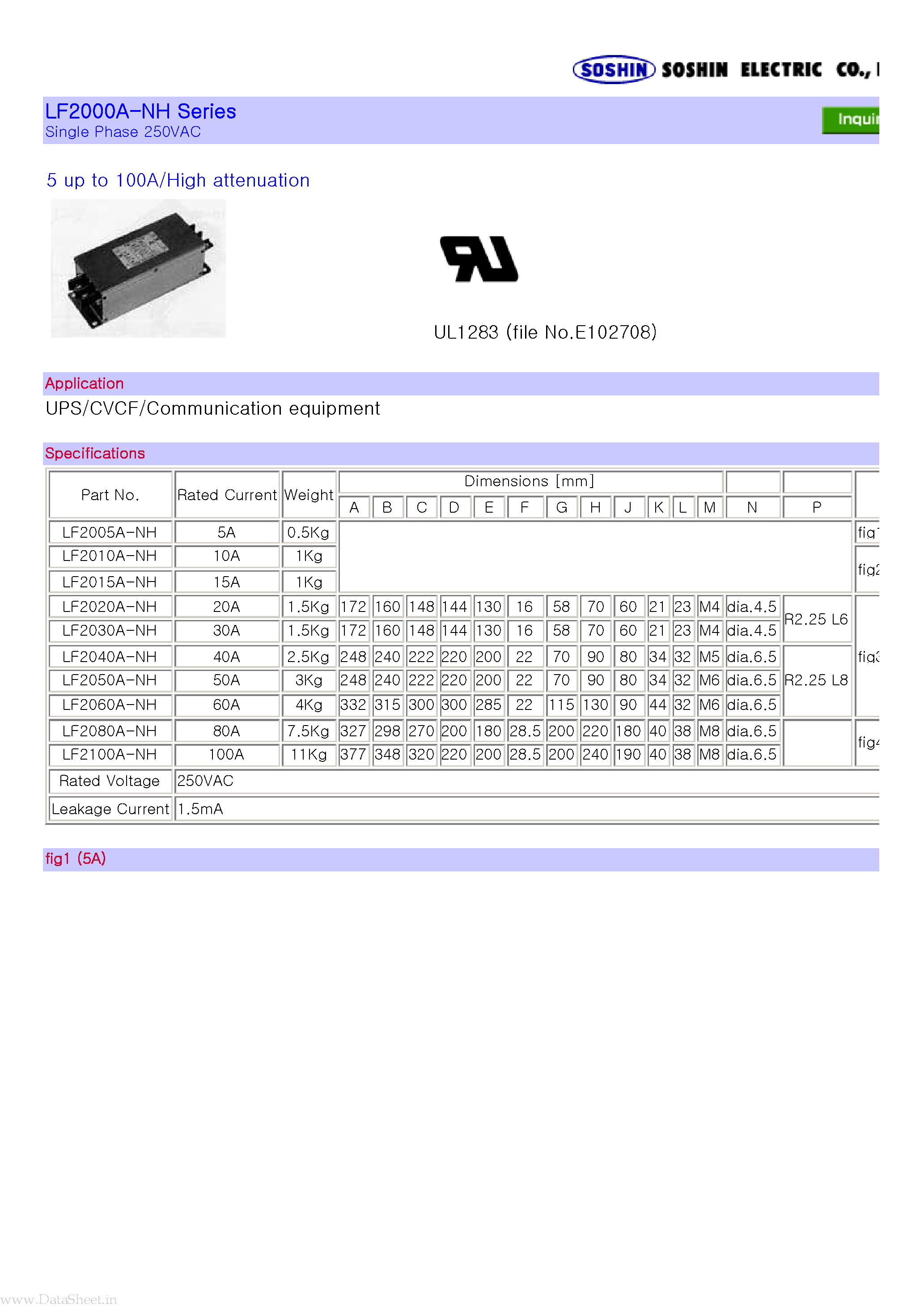 Datasheet LF2000A-NH - 5 up to 100A/High attenuation page 1