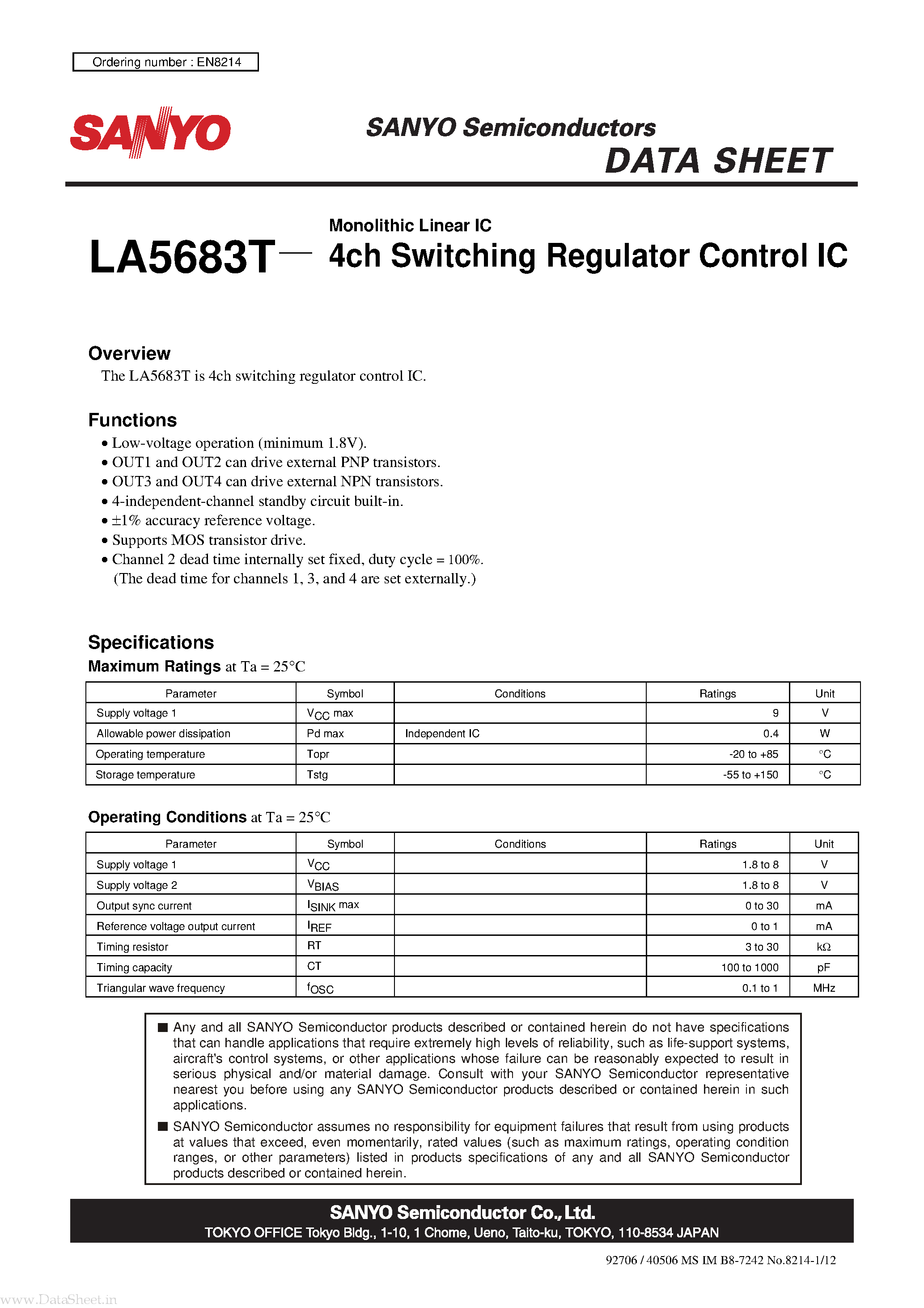 Даташит LA5683T - Monolithic Linear IC 4ch Switching Regulator Control IC страница 1