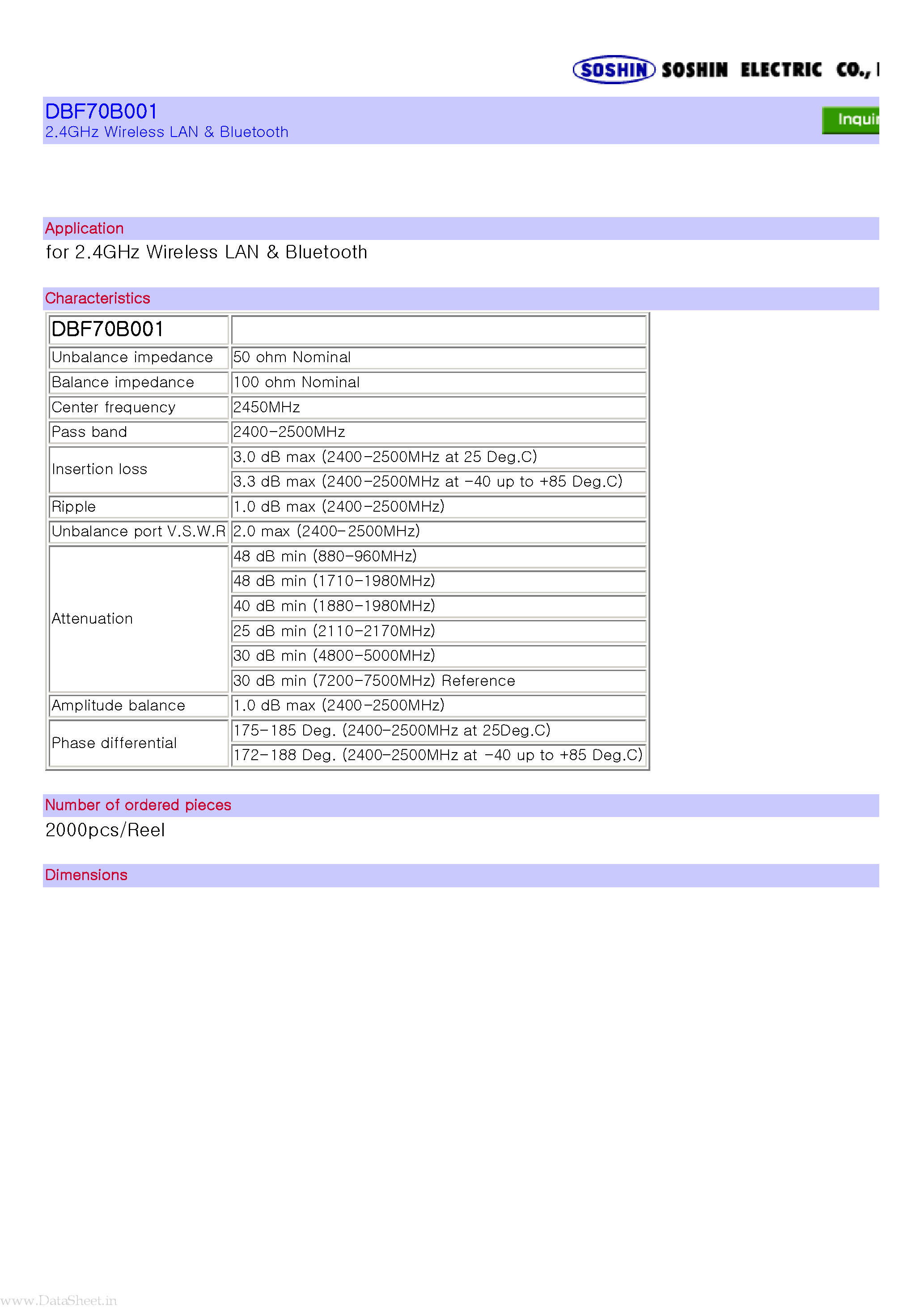 Datasheet DBF70B001 - 2.4GHz Wireless LAN & Bluetooth page 1