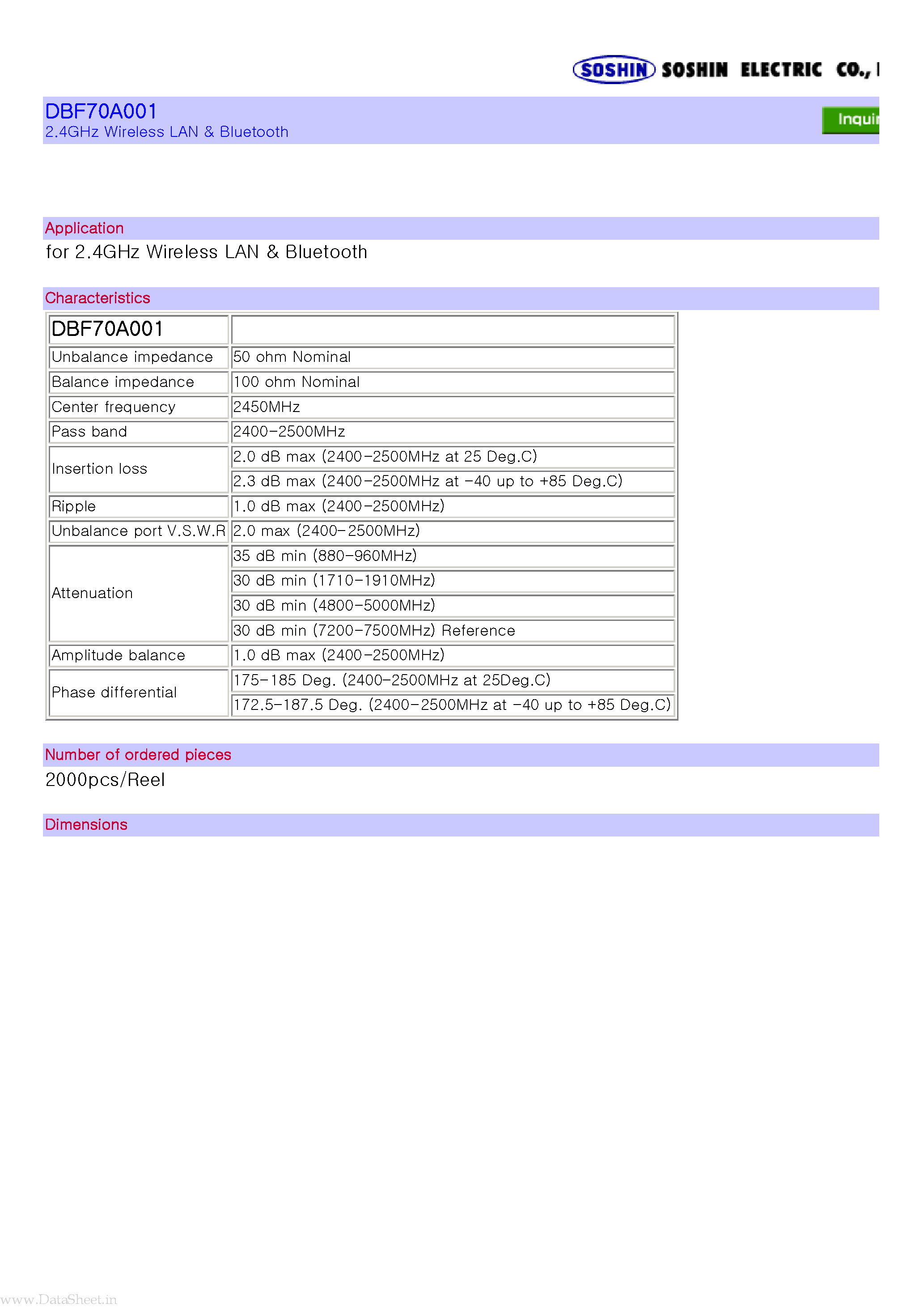 Datasheet DBF70A001 - 2.4GHz Wireless LAN & Bluetooth page 1
