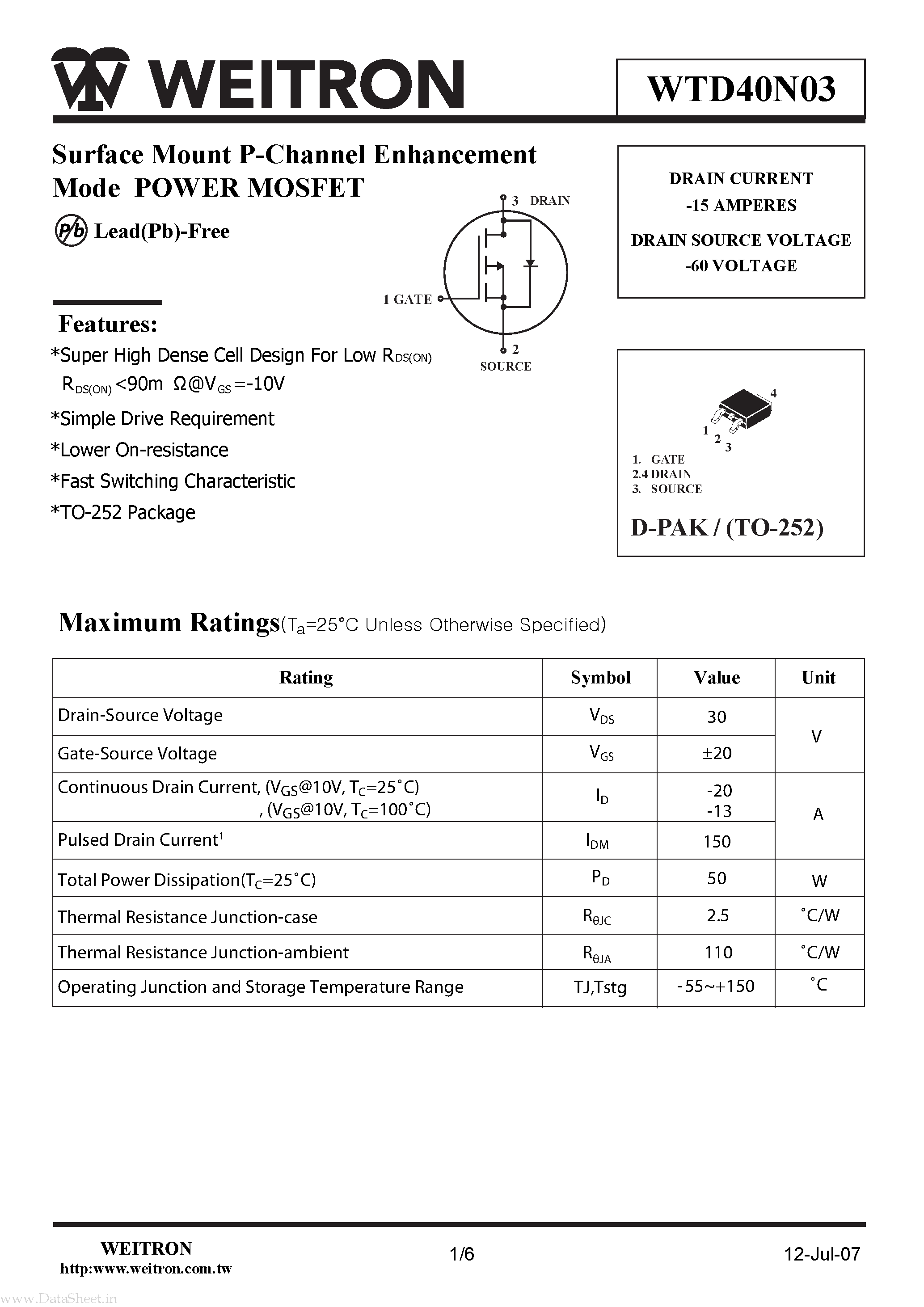 Datasheet WTD40N03 - Surface Mount P-Channel Enhancement Mode POWER MOSFET page 1