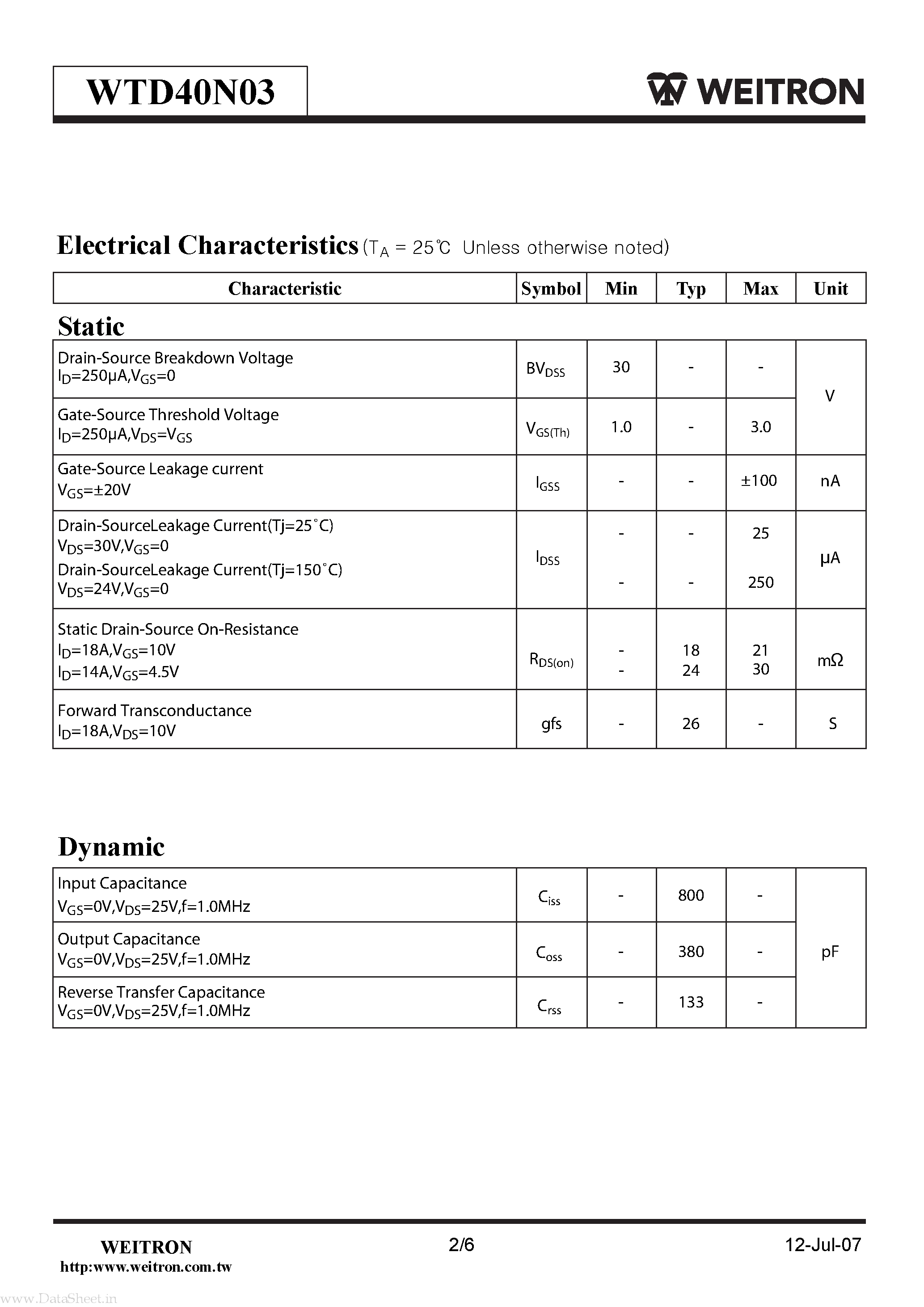 Datasheet WTD40N03 - Surface Mount P-Channel Enhancement Mode POWER MOSFET page 2