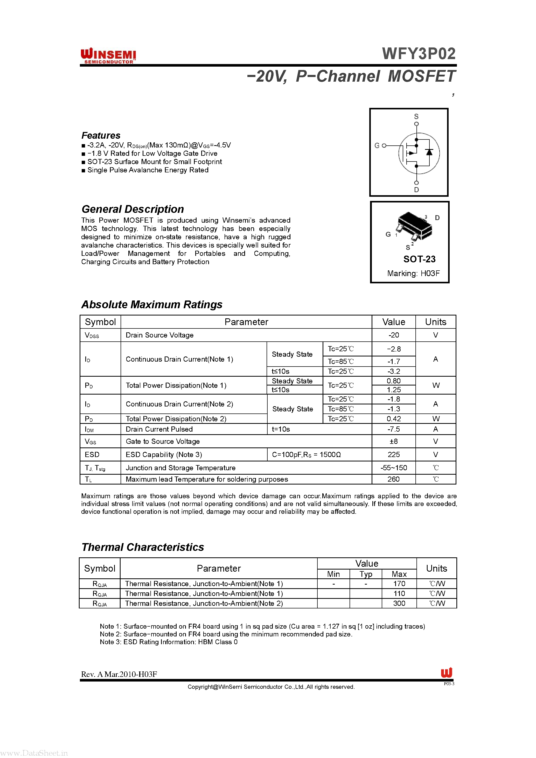 Datasheet WFY3P02 - 20V P-Channel MOSFET page 1