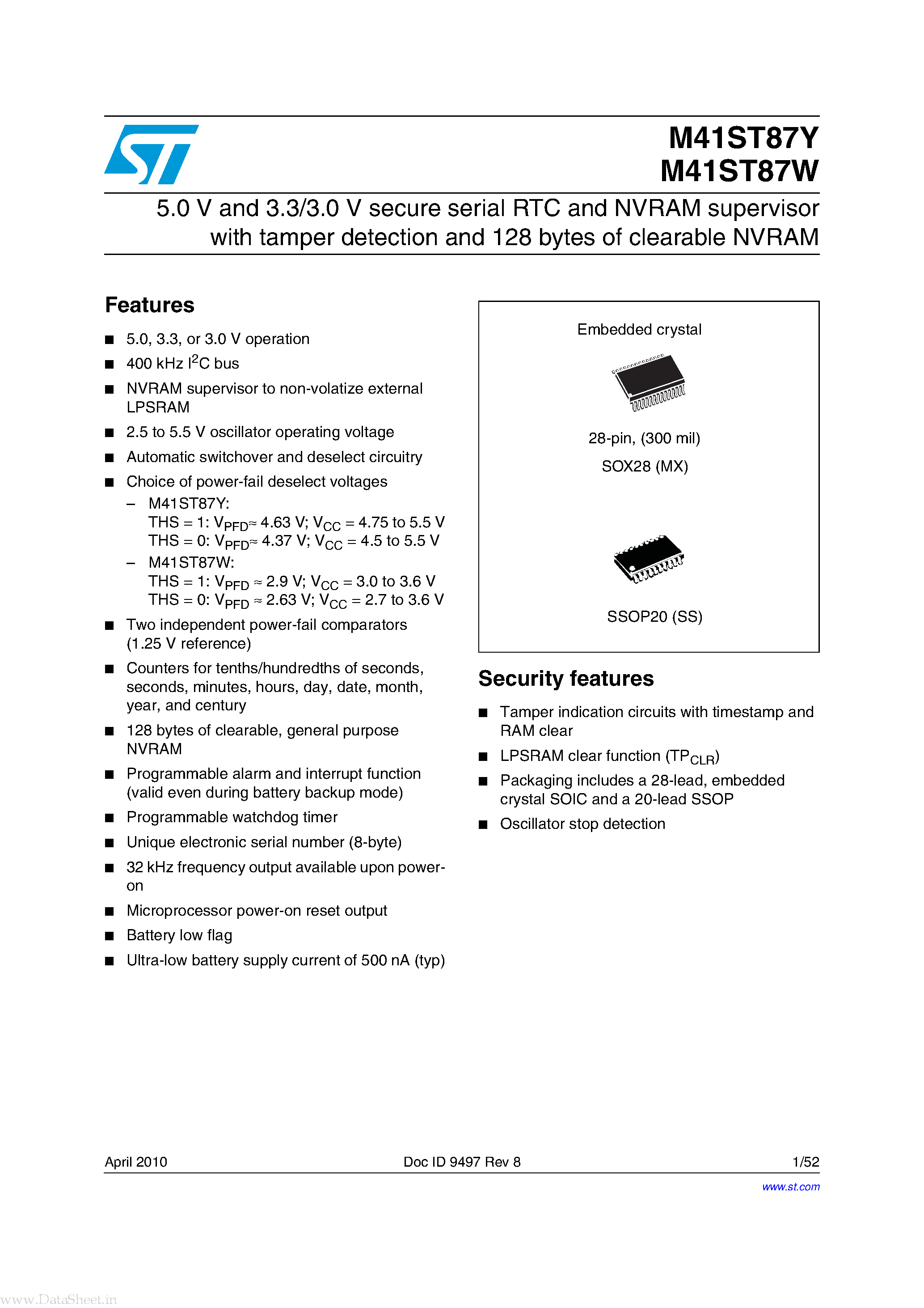 Datasheet M41ST87W - 5.0 V and 3.3/3.0 V secure serial RTC and NVRAM supervisor page 1