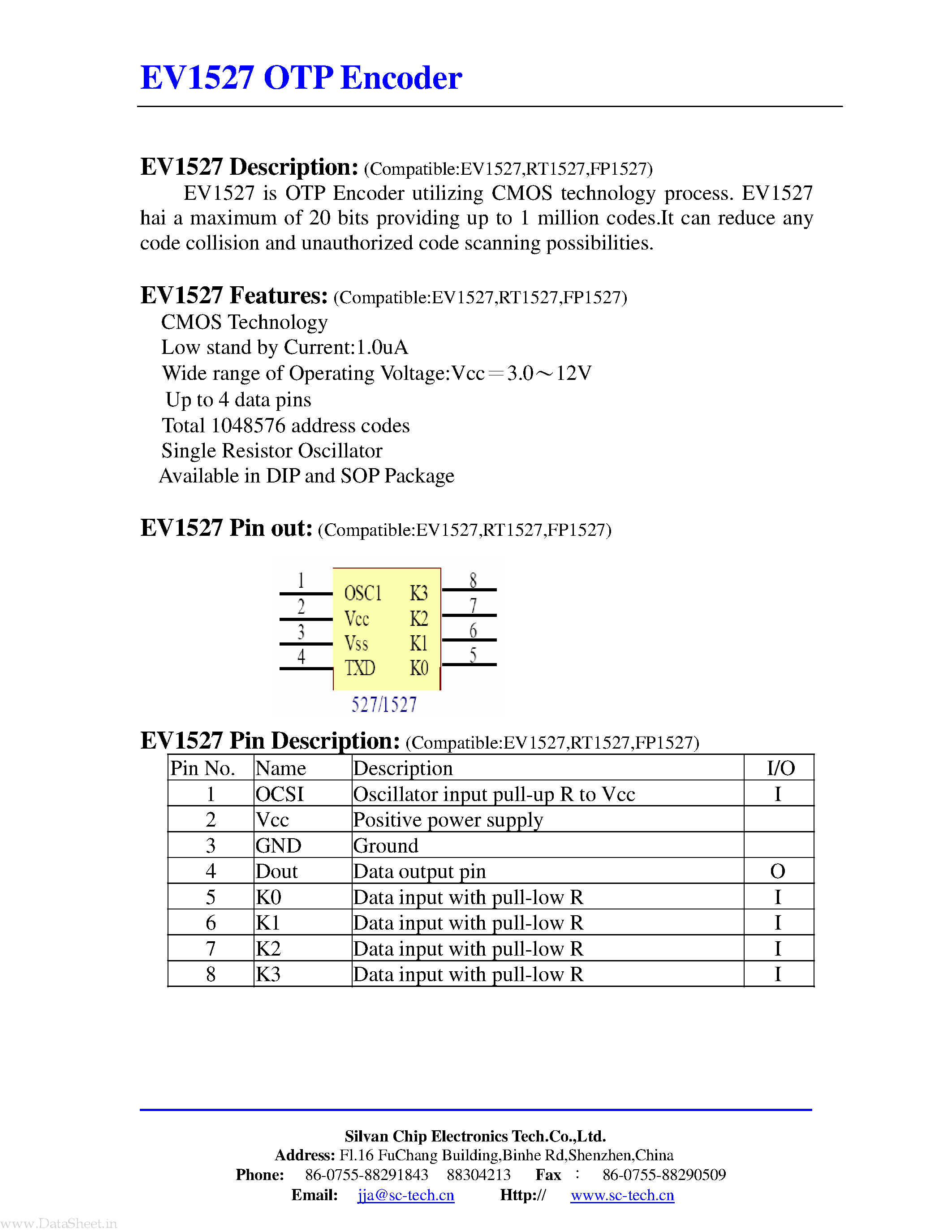 Datasheet EV1527 - OTP Encoder page 1