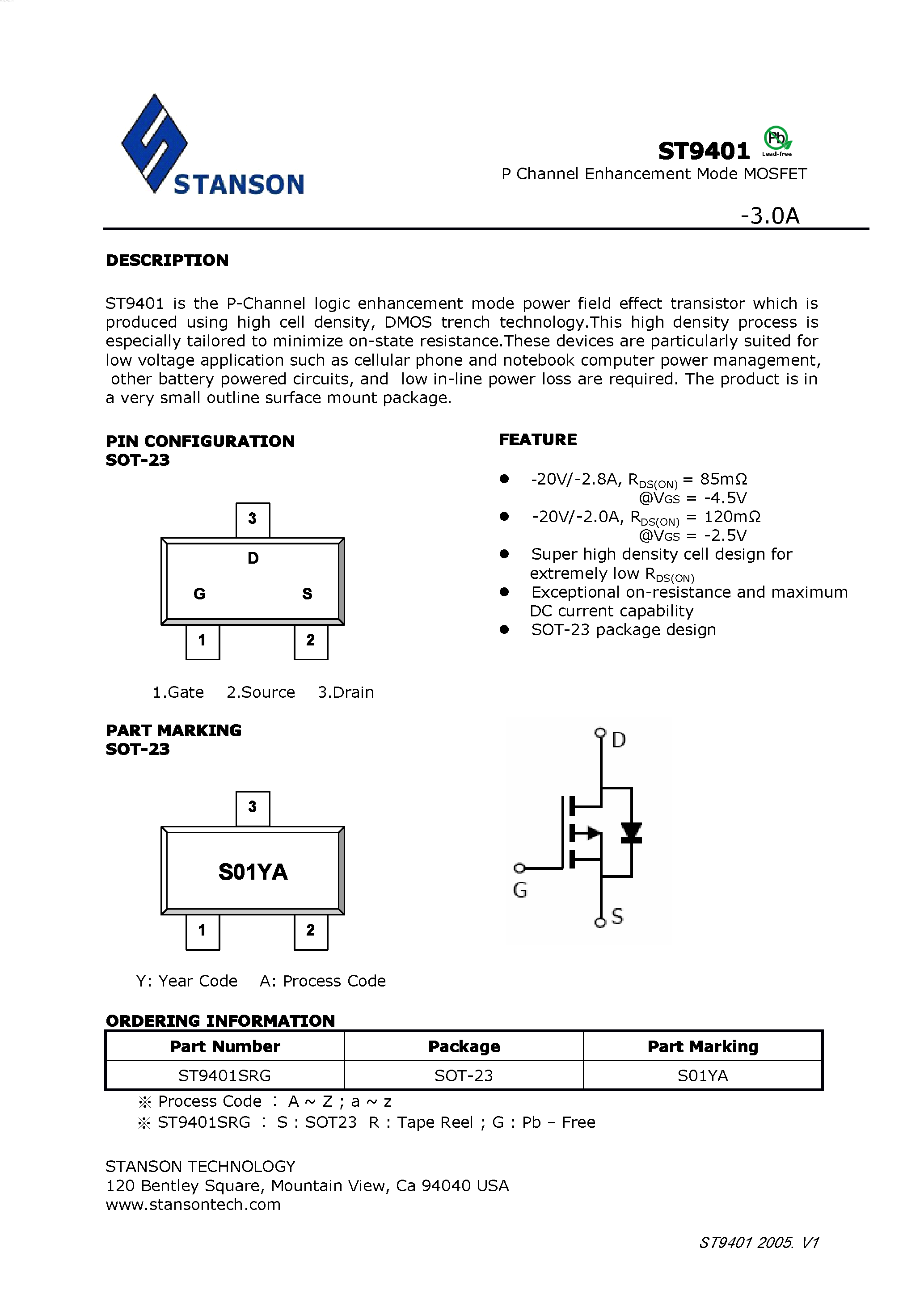 Datasheet ST9401 - P Channel Enhancement Mode MOSFET page 1