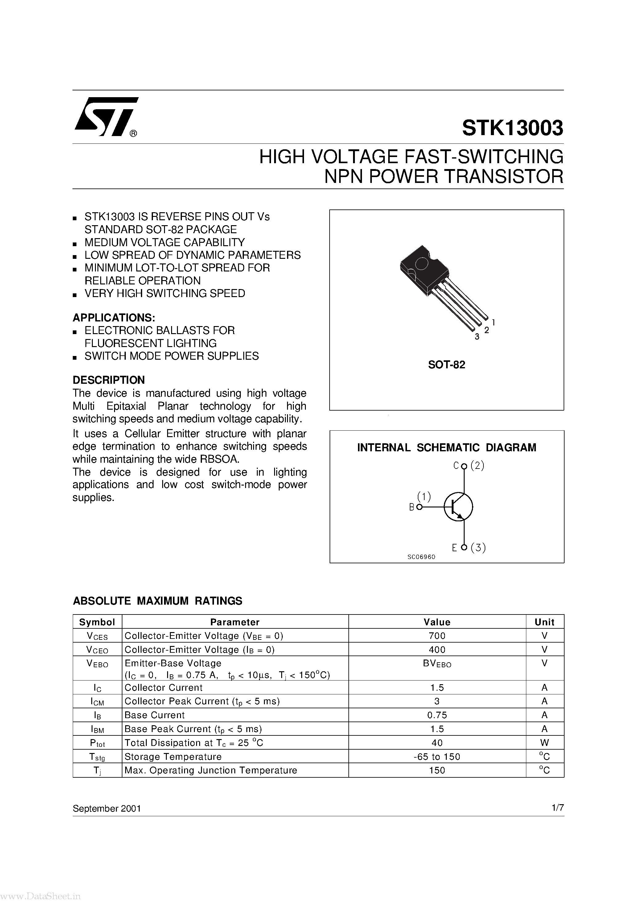 Datasheet STK13003 - HIGH VOLTAGE FAST-SWITCHING NPN POWER TRANSISTOR page 1