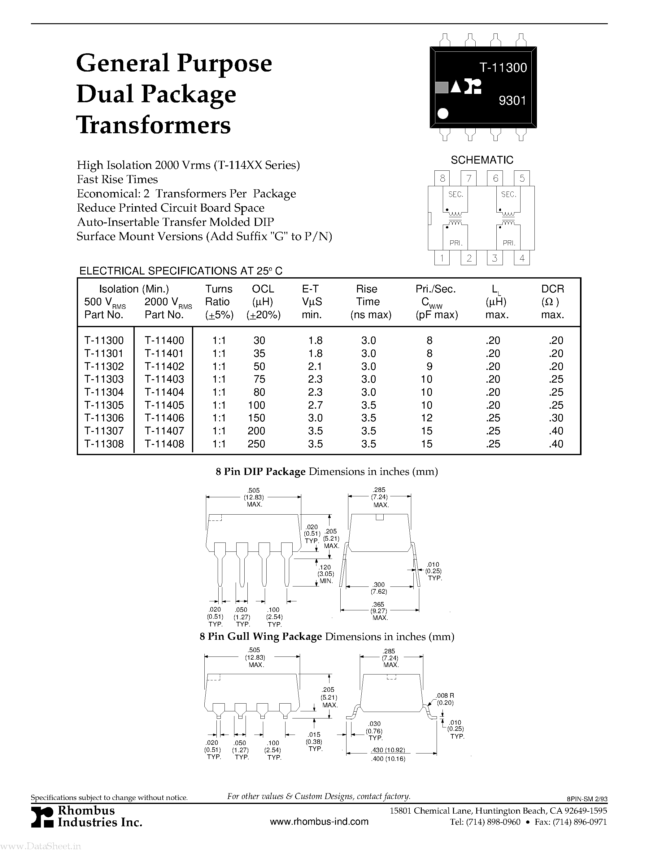 Datasheet T-11300 - (T-11400 - T-11408) General Purpose Dual Package Transformers page 1