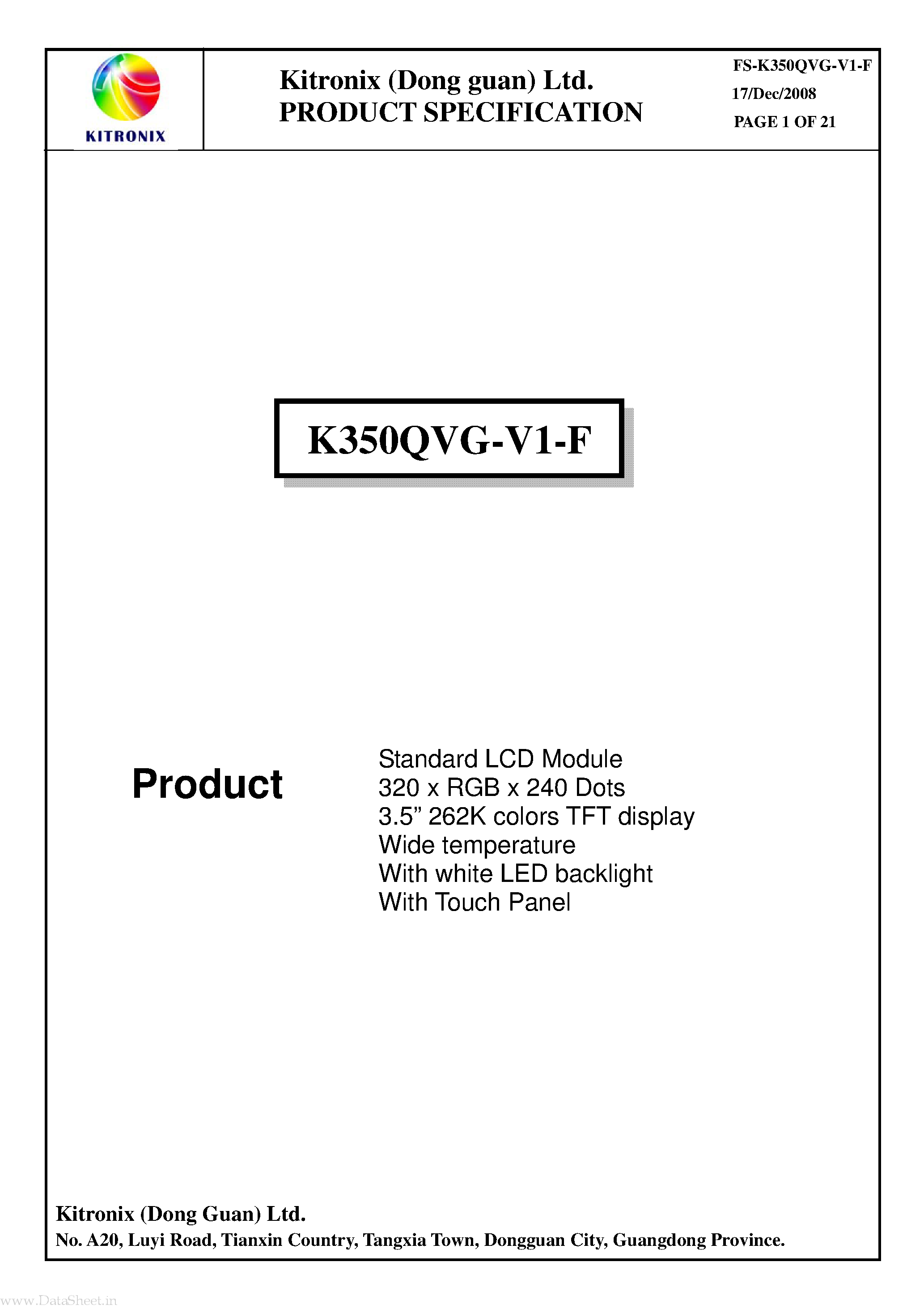 Даташит FS-K350QVG-V1-F - Standard LCD Module страница 2